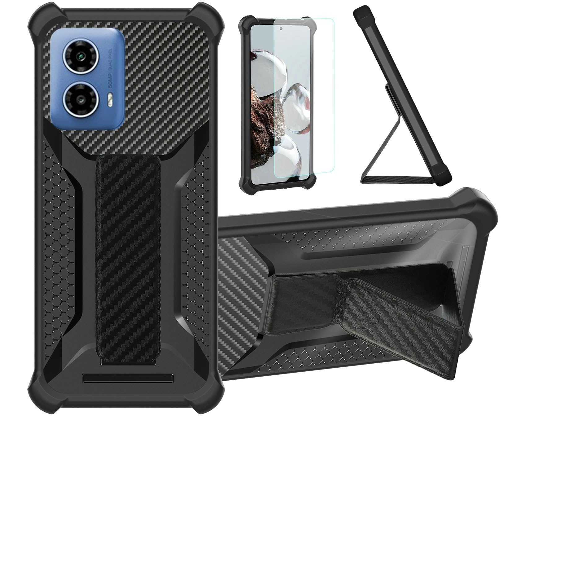 Case for Motorola Moto G34 5g Phone Case Stand Cover [with Tempered Glass Screen Protector] Hybrid Case [Folding Support Magnetic] [Frosted anti-fingerprint] Black