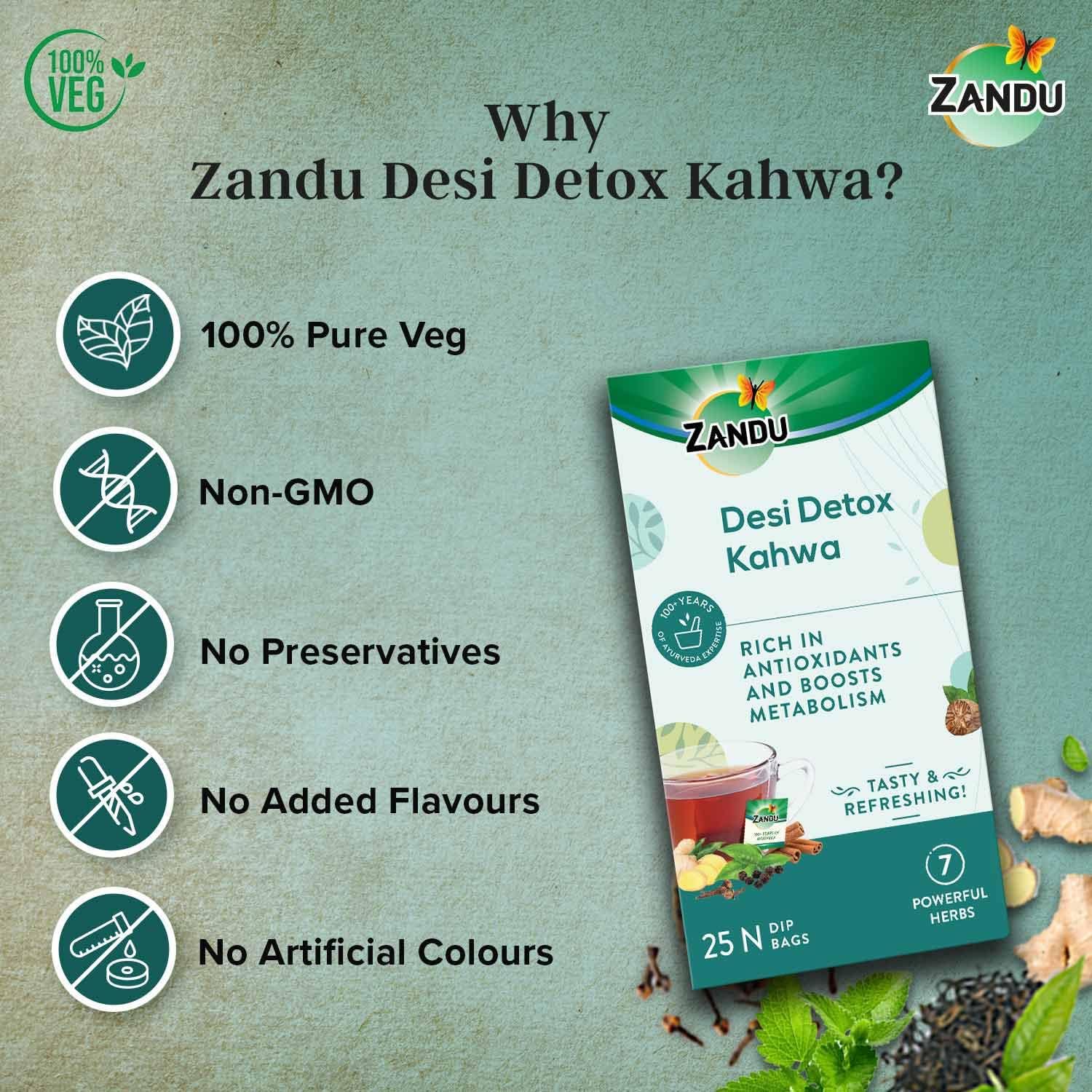 Zandu Desi Detox Kahwa Use The Power Of Green Tea | Metabolism Booster & Natural Detoxifier | Supports Overall Health & Well-Being (25 Tea Bags), 100 gram 3