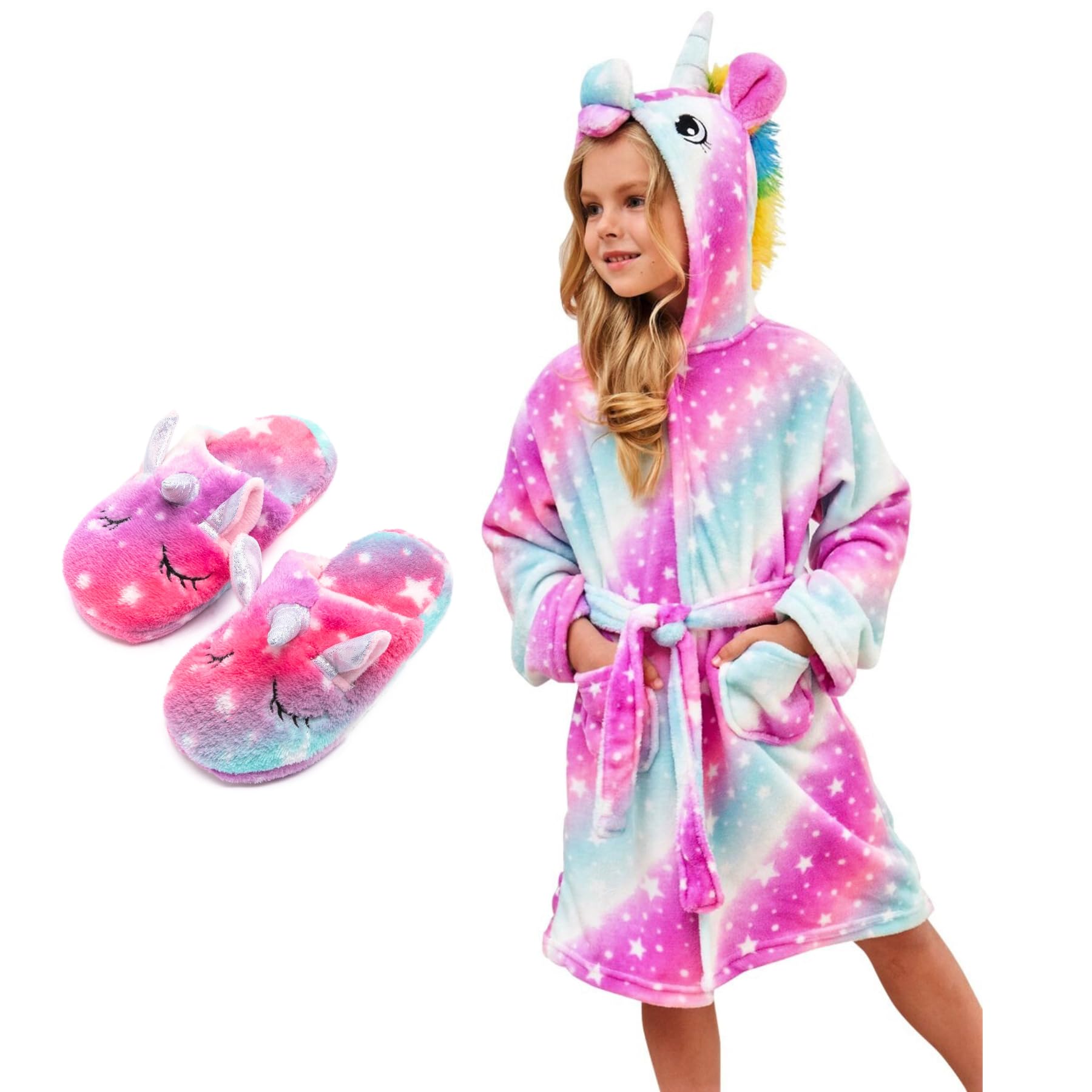 Unicorn Dressing Gown for Girls - Soft Hooded Robe Sleepwear With Slippers, Gifts for Girls