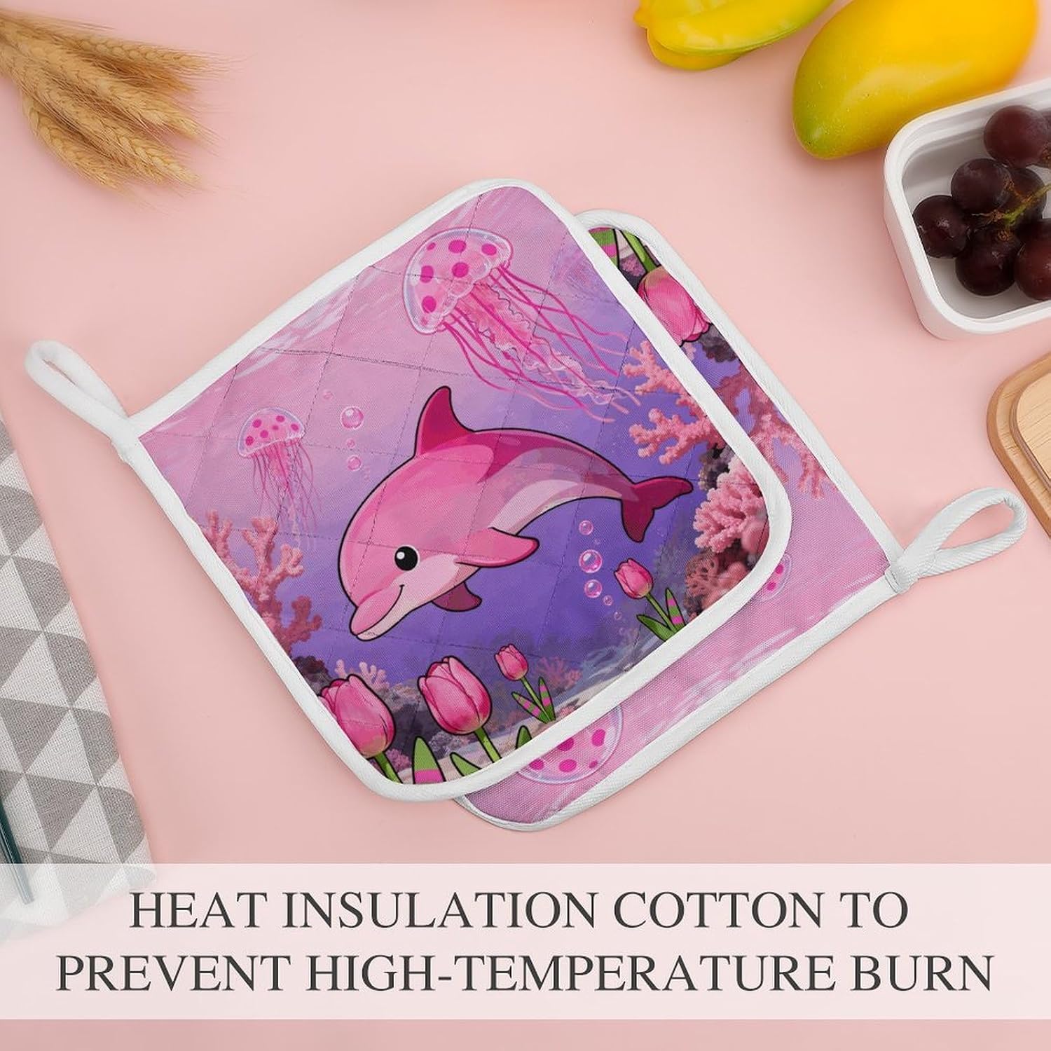 Pink Sea Creatures Flowers Polyester Heat Resistant Pot Pad Non Slip Anti Scald Hot Dish Mat Reusable Table Protector for Kitchen Hot Pot Mat Wear Resistant Heat Proof Table Pad for Countertop Dining