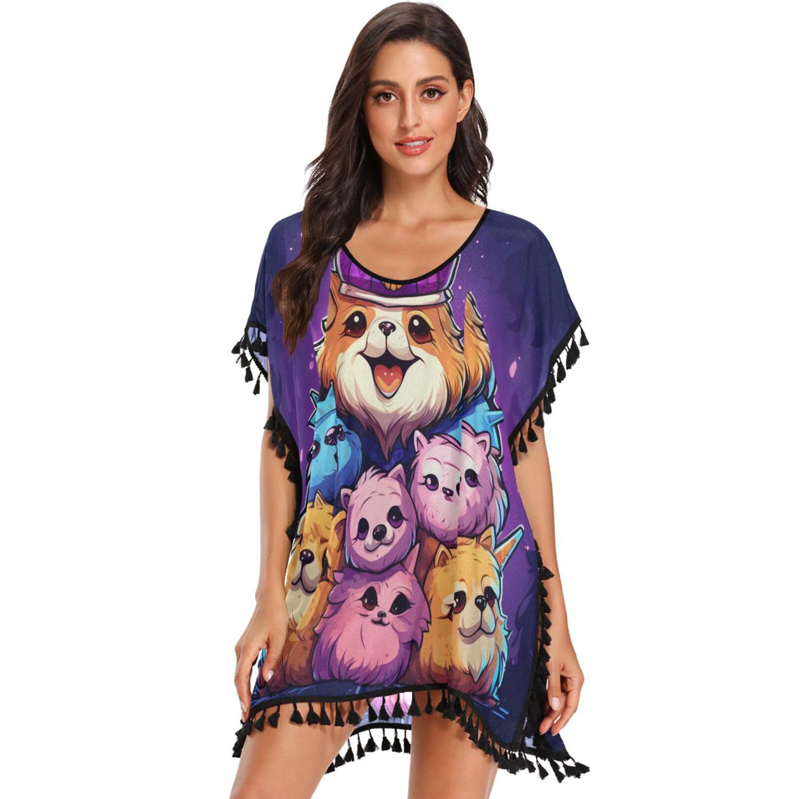 KAAVIYO Doodle Style Cute Panda Women's Beach Cover Up Chiffon Tassel Swimwear Swimsuit Coverups for Girl