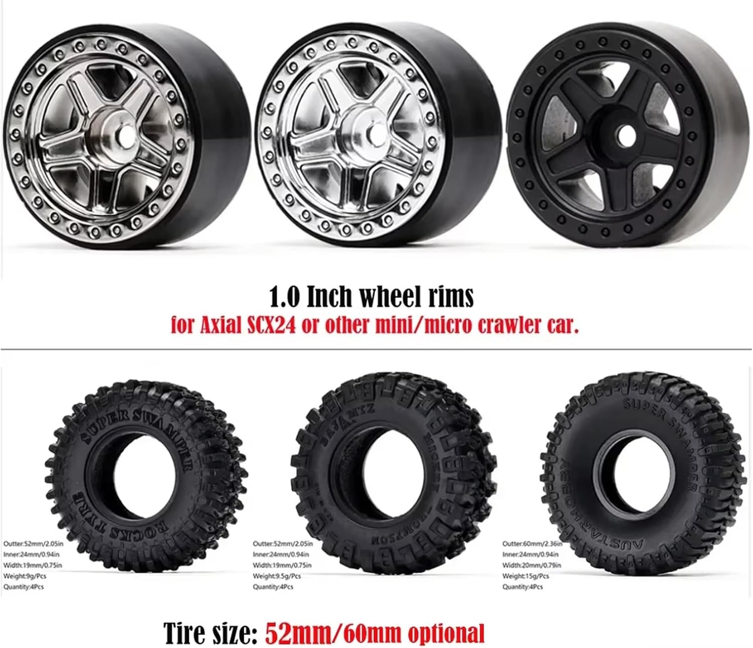 4PCS 1.0'' Beadlock Wheel Rims and RC Crawler Rubber Tires Set for 1/24 1/18 RC Crawler Car for Axial SCX24 AX24 TRX4M FCX24 90081 AXI00001 Upgrade Parts,52x19mm (C-Grey)