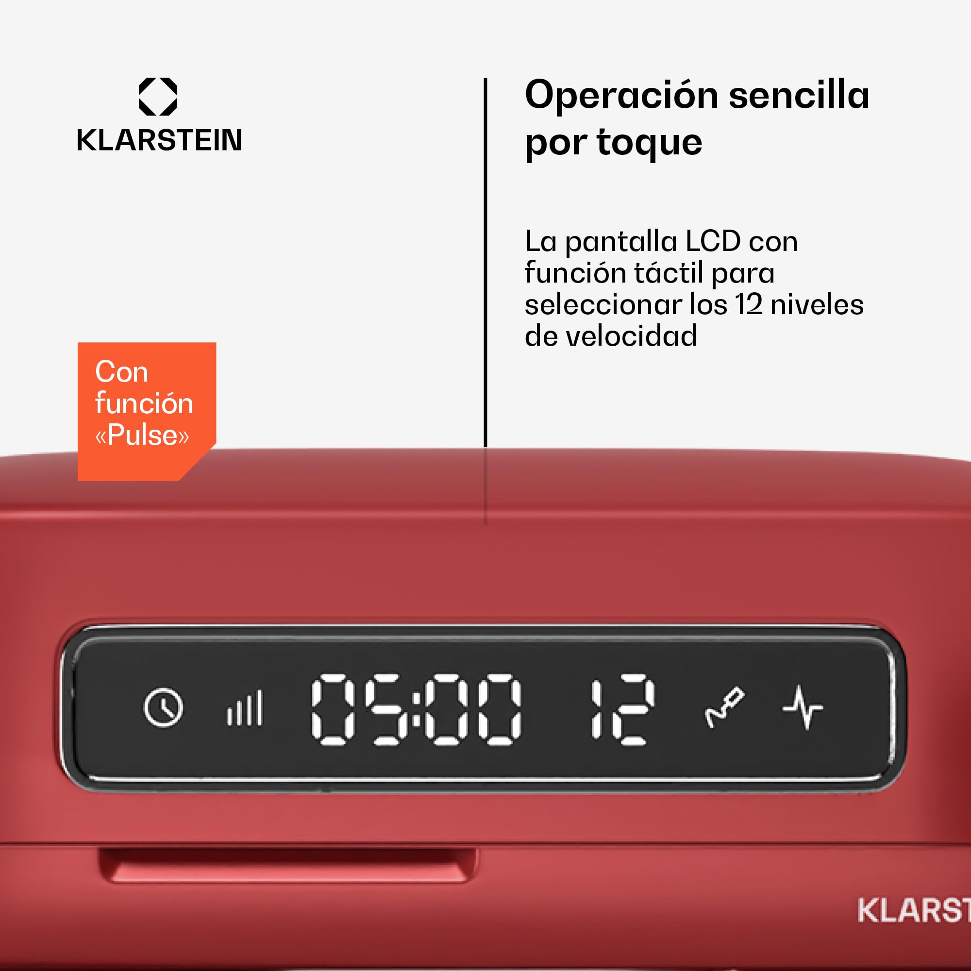 Klarstein Chiara Robot de Cocina 1600W – Bol 5L Acero Inoxidable, 12 Velocidades, Pantalla Táctil LCD, Silencioso ≤72dB, Accesorios Apto Lavavajillas, Carcasa de Aluminio Fundido, Rojo