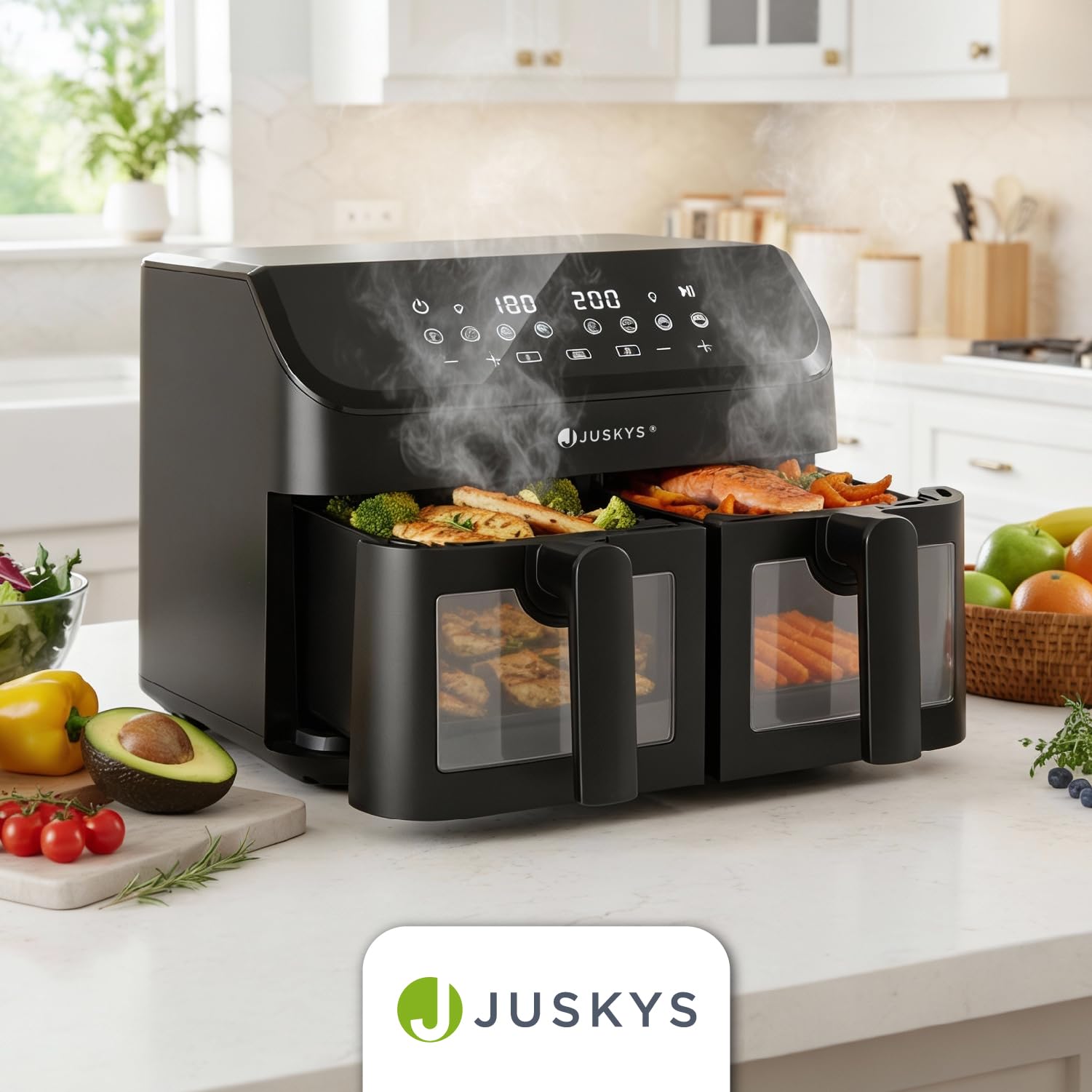 Juskys® Airfryer 9 L Doppelkammer - Heißluftfritteuse 2 Kammern, 9 Programme, beschichtet, XXL Fritteuse
