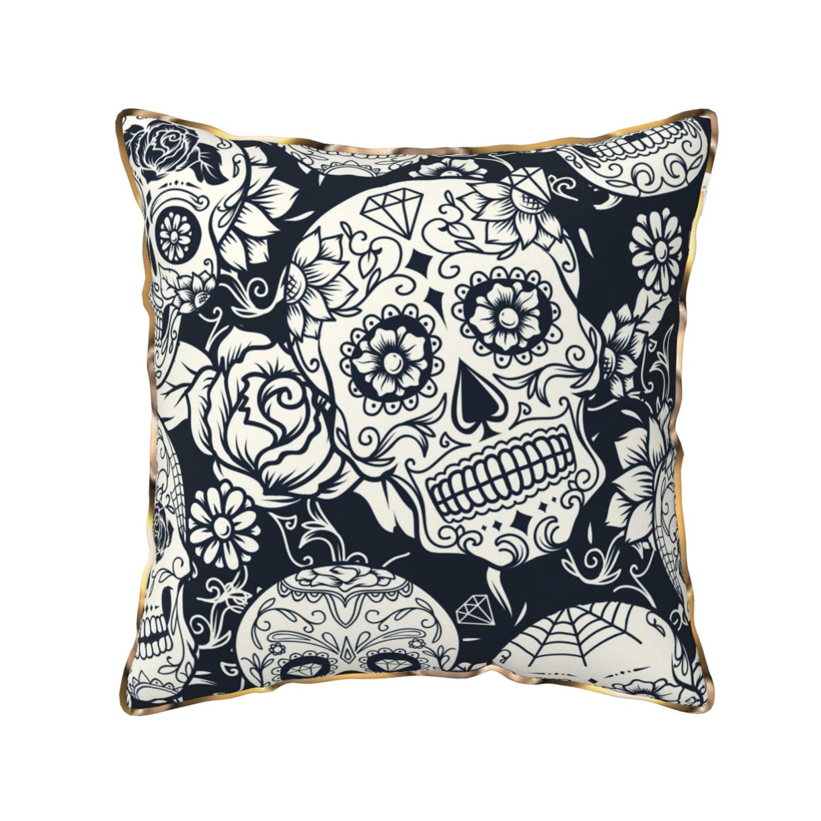 AUBKFELD Floral Skull Printed Velvet Cushion Cover 45x45 CM with Gold Edging Strip, Square Pillowcase Soft Throw Pillow Covers Case Decorative for Living Room Sofa Couch Bed Bench