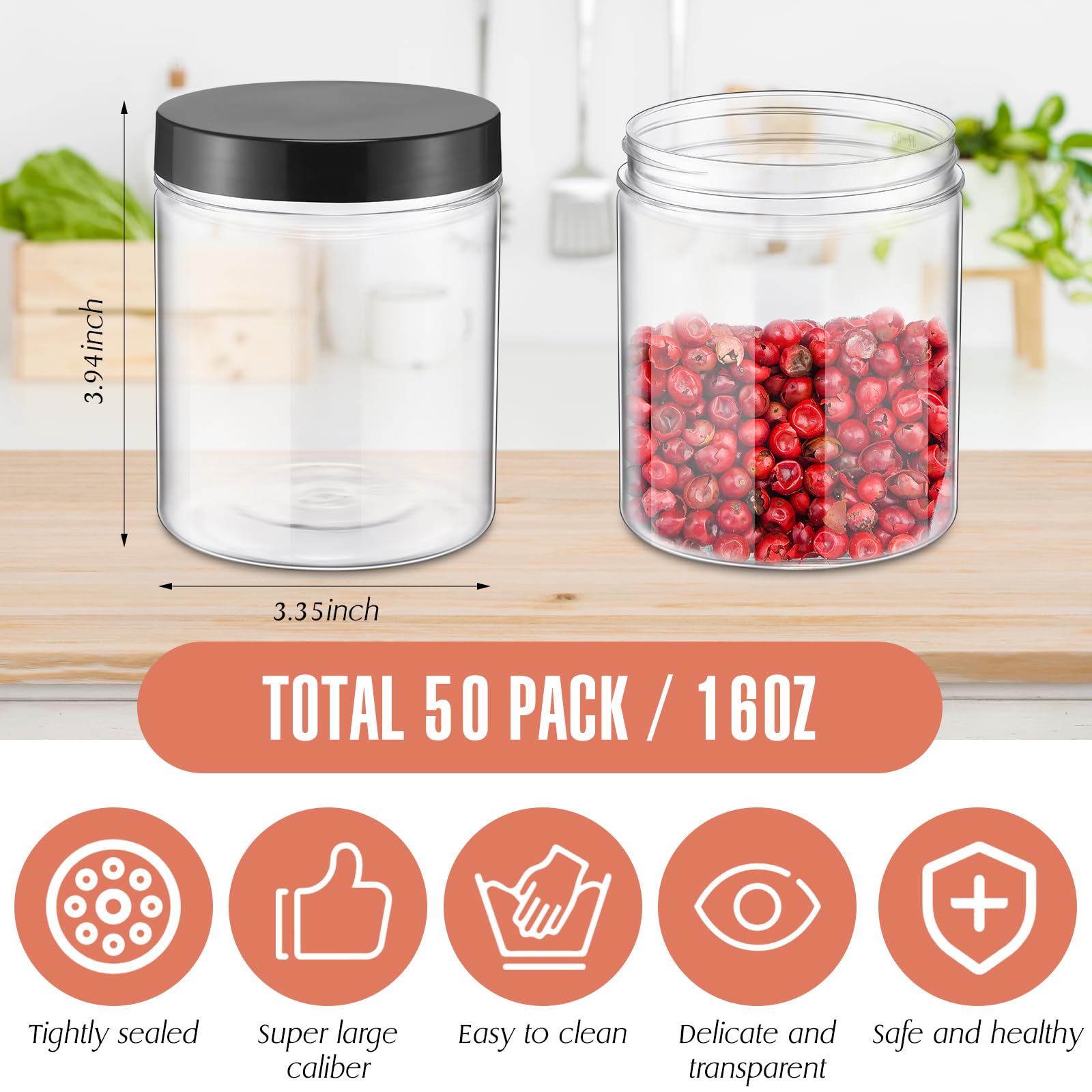 Mifoci 50 tarros de plástico transparente de 16 onzas, tarros de almacenamiento vacíos reutilizables con tapa, tarros de almacenamiento cilíndricos, tarros redondos para especias de cocina, alimentos