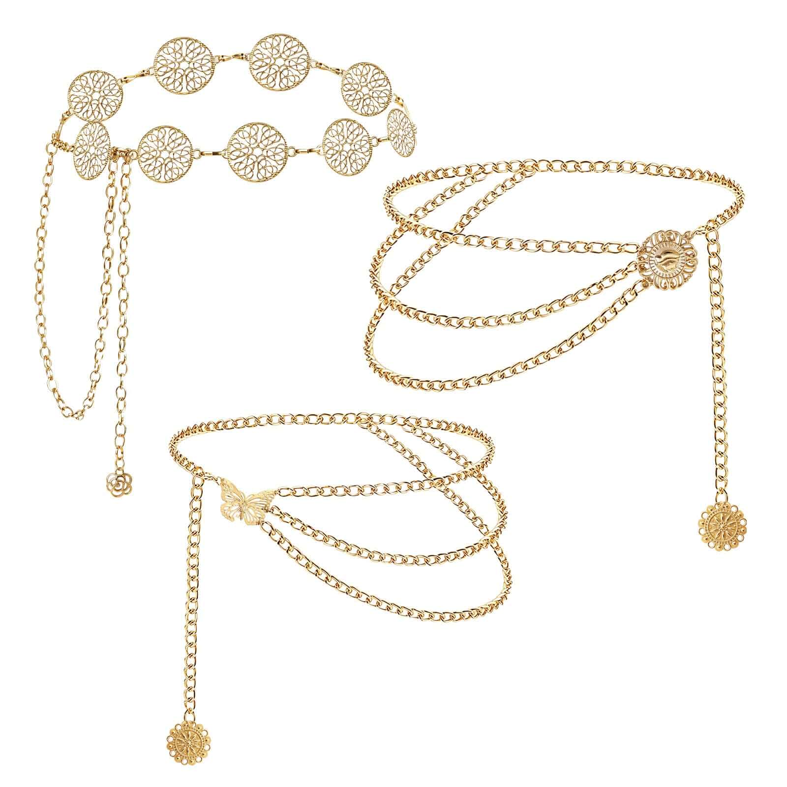 3 Pcs Gold Layered Chain Belt - Metallic Adjustable Coin Waist Chain & Pirate Hip Belt