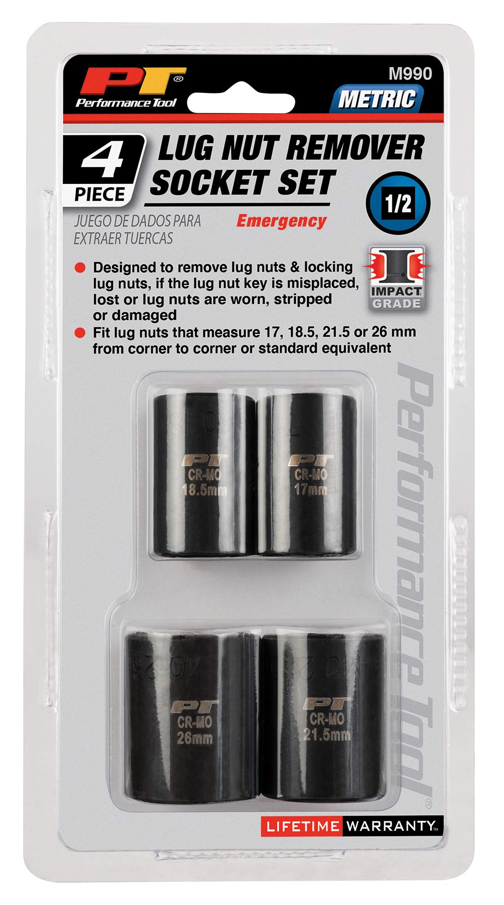 Performance Tool Juego de llaves de impacto M990 resistentes para extracción de tuercas de lengüeta, se adapta a 17 mm a 26 mm, acero CrMo, acabado resistente al aceite, unidad de 1/2 pulgada