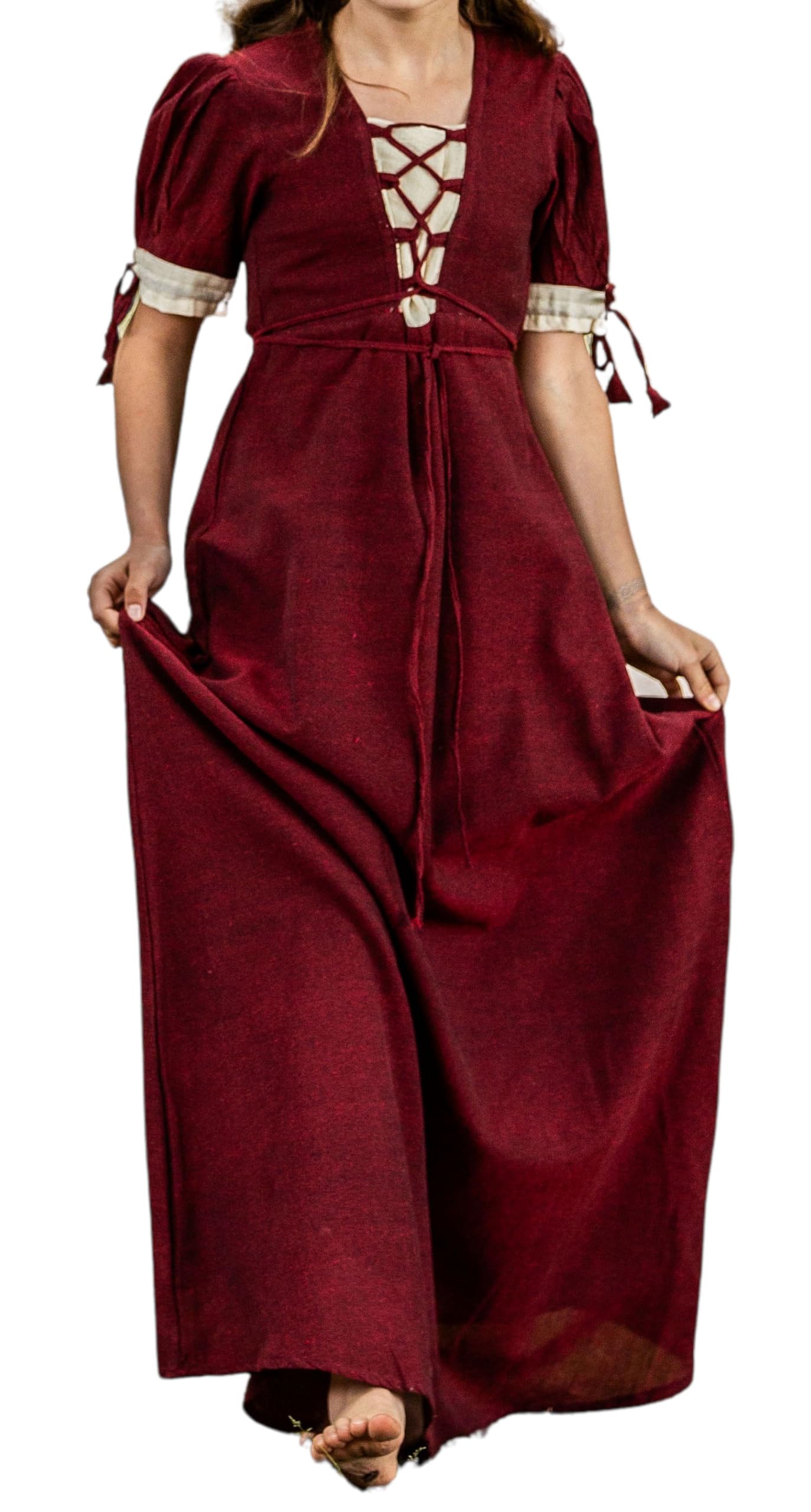 Leonardo Carbone Abito da Donna Medievale LYSA Manica Corta con Lacci Rosso Cotone Beige