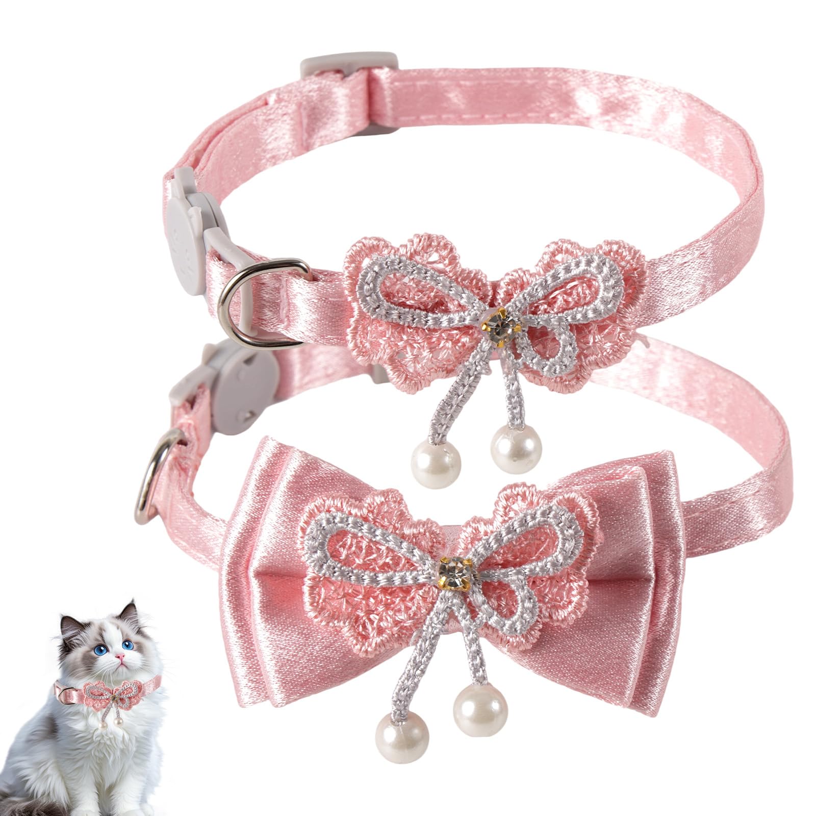 2PCS Adorable Cat Collars with Bow, Adjustable Pink Cat Collar with Pearl Pendant, Detachable Kitten Accessories (2 Styles)