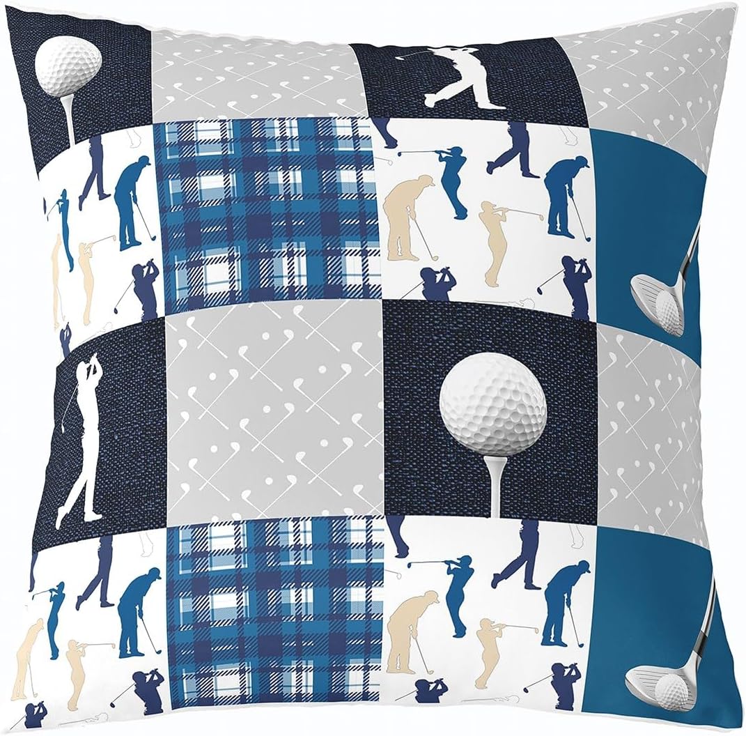 Homewish Golf Throw Pillow Cover 24x24 Inch Extreme Sports Style Players Print Cushion Cover for Teens Adults Retro Watercolor Patchwork Grid Stripes Cushion Case for Bedroom Chairs Office