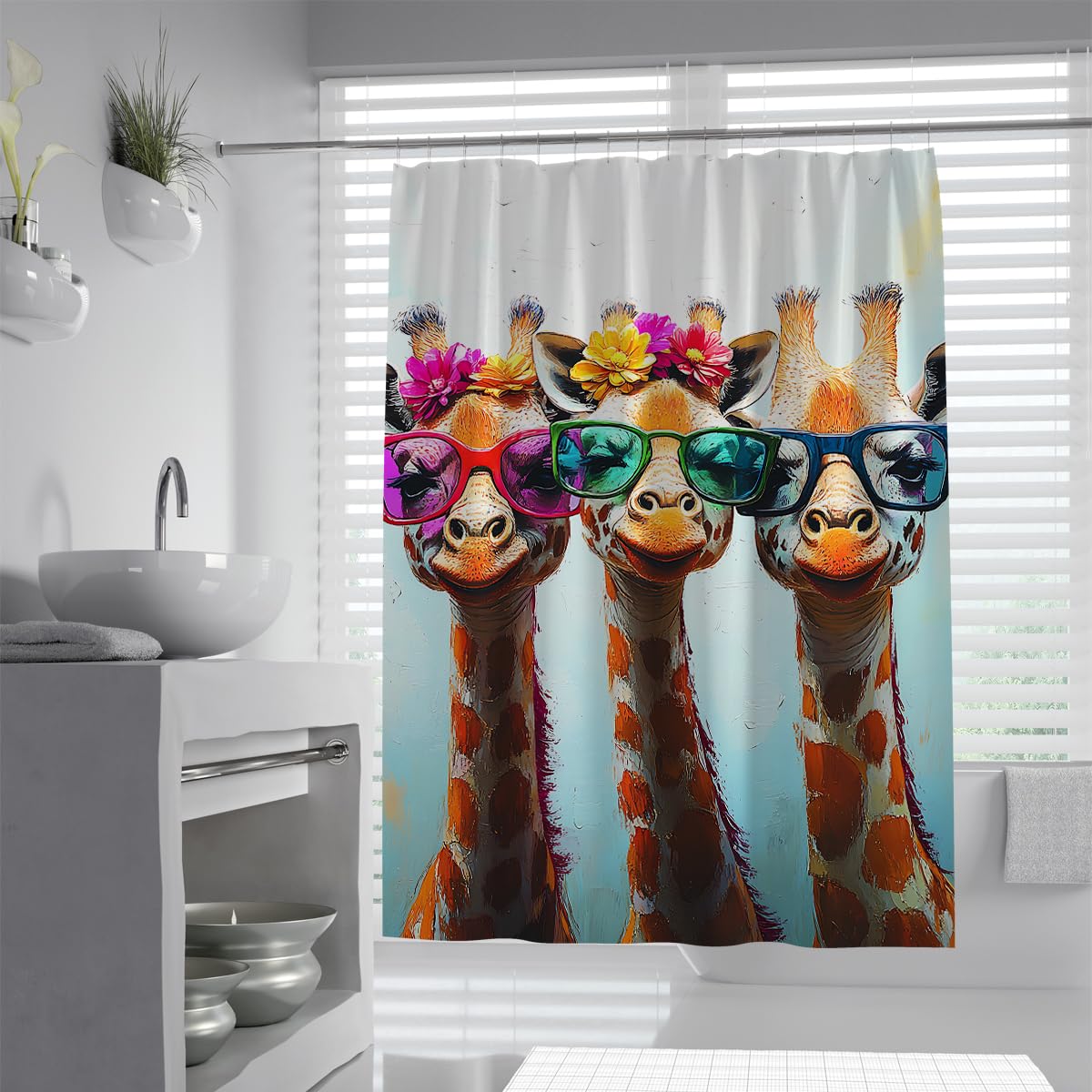 UIRINGART Cool Giraffe Bath Curtain W120xL180cm Sunglasses Flower Waterproof Polyester Shower Curtains Anti Mould Machine Washable With Hooks