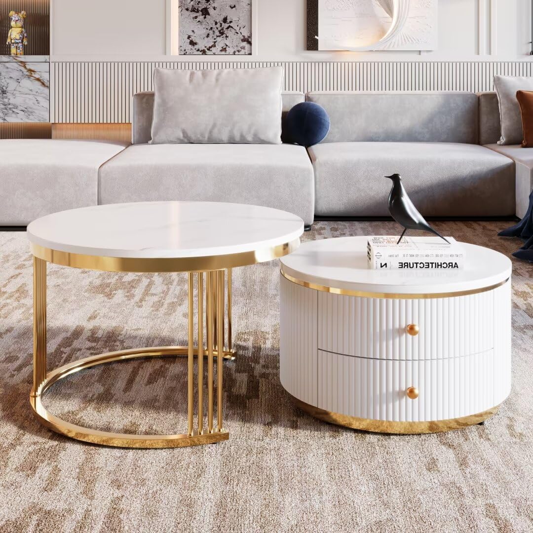 27.6'' Modern 2 Pieces Round Nesting Coffee Table with 2 Drawers for Living Room, White MDF Top with Glossy Finish,Round Coffee Table with Storage (
