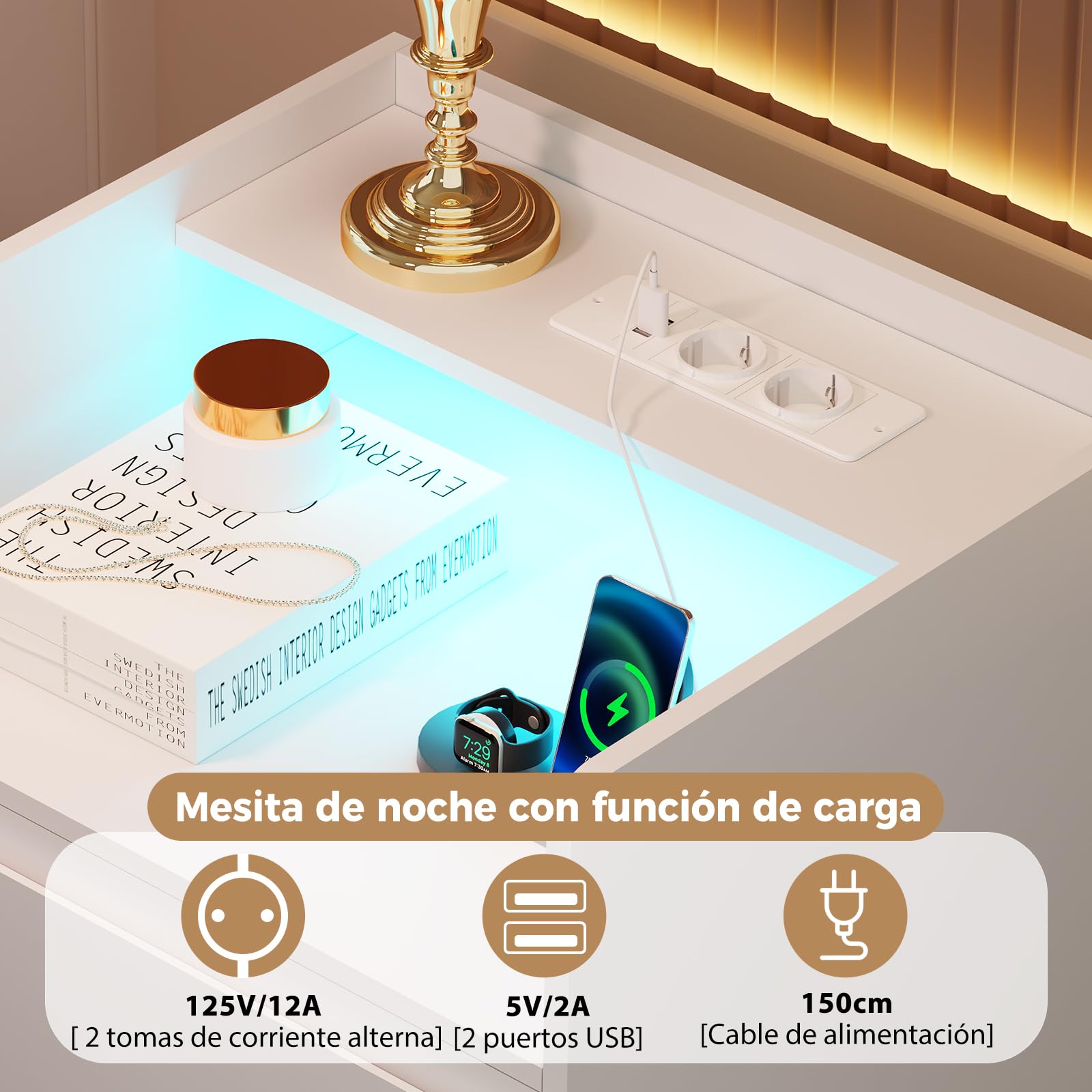 ANWBROAD Mesita de Noche con Enchufes Integrados,Mesilla de Noche con Tira de Luces LED,3 Cajones 1 Compartimento,Mesita de Noche Moderna para Dormitorios Salones (2, Blanco) BNS014W
