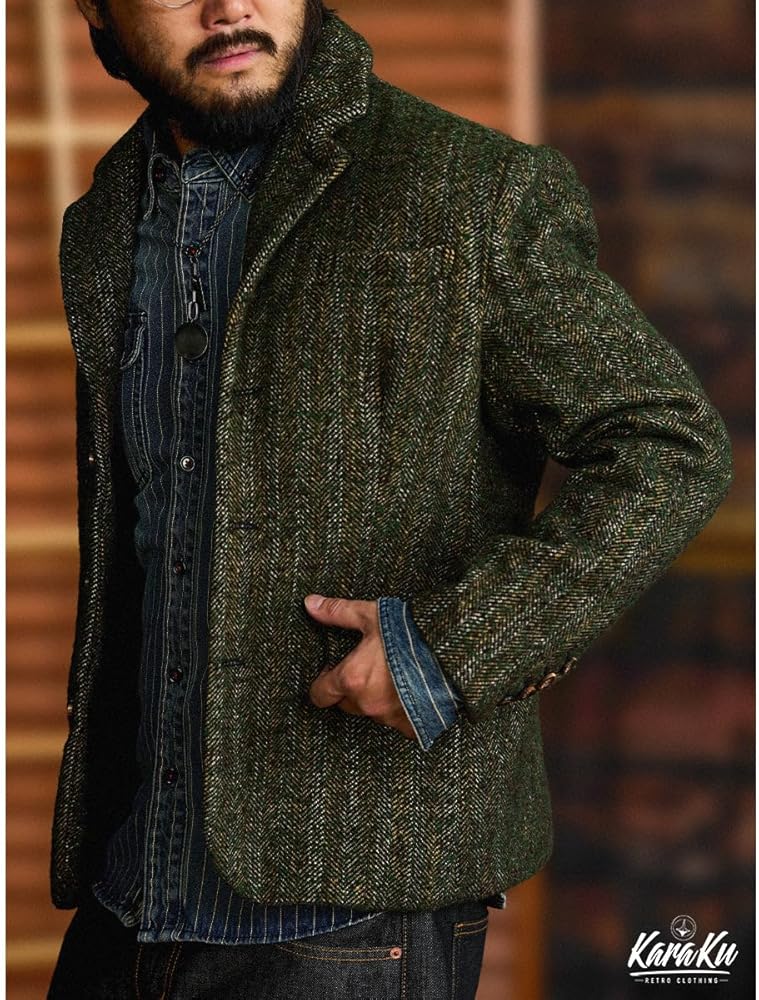 【karaku】ウール混ツイードテーラードジャケット　XL Amazon | [karaku] ジャケット メンズ 冬 ウール混ツイードテーラード