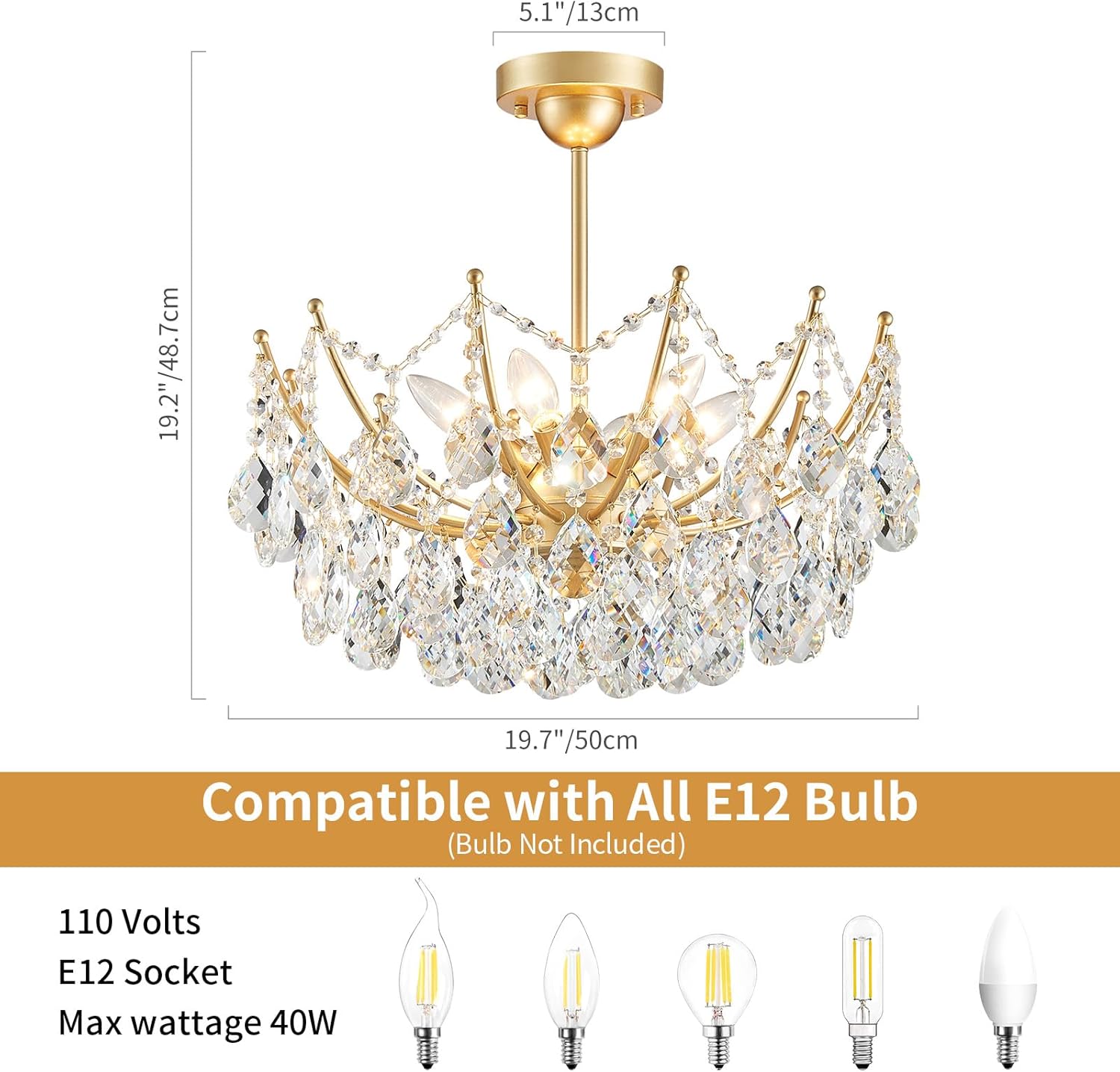 ANJIADENGSHI Crystal Chandelier Ceiling Light, Modern Semi Flush Mount Ceiling Light Fixture, Gold Hallway Lighting Fixtures Chandelier for Bedroom Bathroom Entryway Kitchen