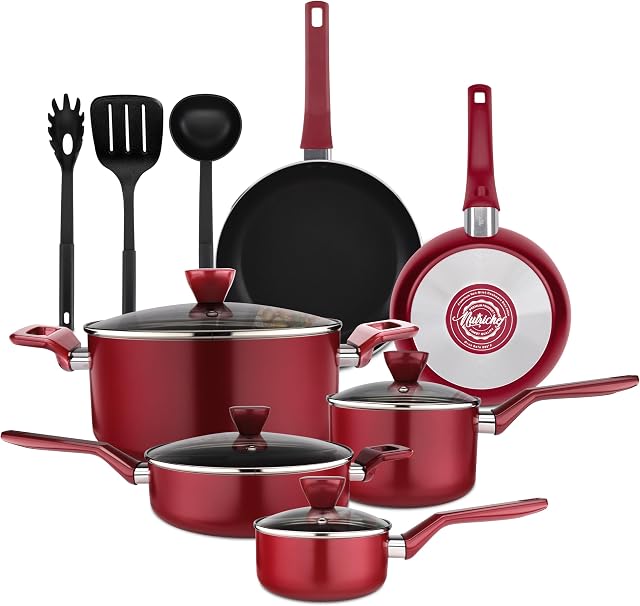 NutriChef 13-Piece Non-Stick Kitchen Set - PTFE/PFOA/PFOS Free Heat Resistant Kitchen Utensils with Pots, Pans, Pans, Gratin Dish, Lids, Ladle, Fork, Strainer