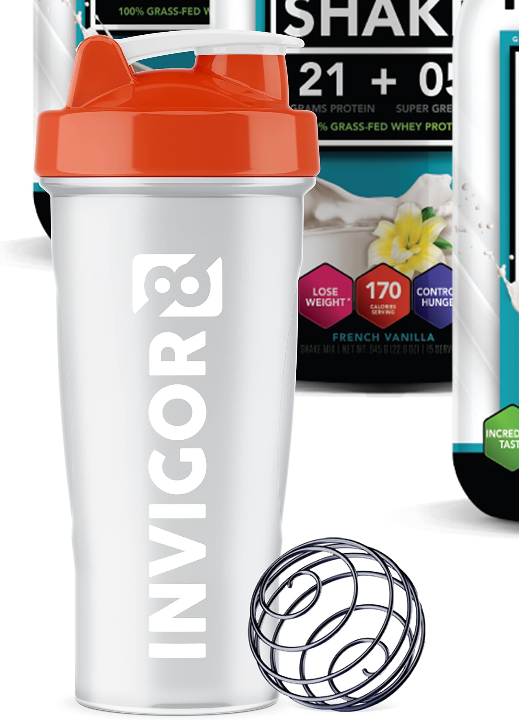 INVIGOR8 - Shaker Bottle Classic Top for Blending/Blender, Clear/Orange, 28-ounces