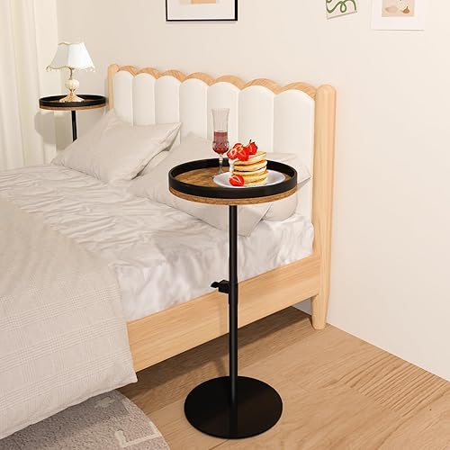 Miniatura 7 de Mesa de bebidas, pequeña mesa auxiliar redonda de altura ajustable con base de metal pesada, mesa de pedestal para espacios pequeños, mesa de acento