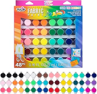 Tulip Brush On Fabric Paint for Light Fabrics, Permanent, Dries Soft and Flexible, Over the Rainbow Colors, 48 Paint Pot Set