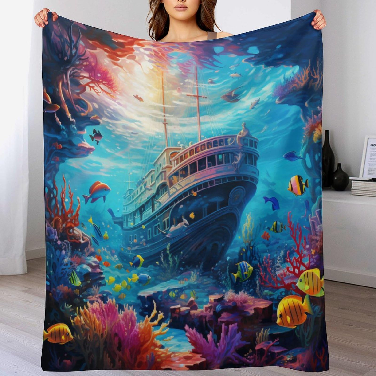 Couverture poisson en flanelle douce 130x180 cm pour cocooning sur canapé et lit enfant