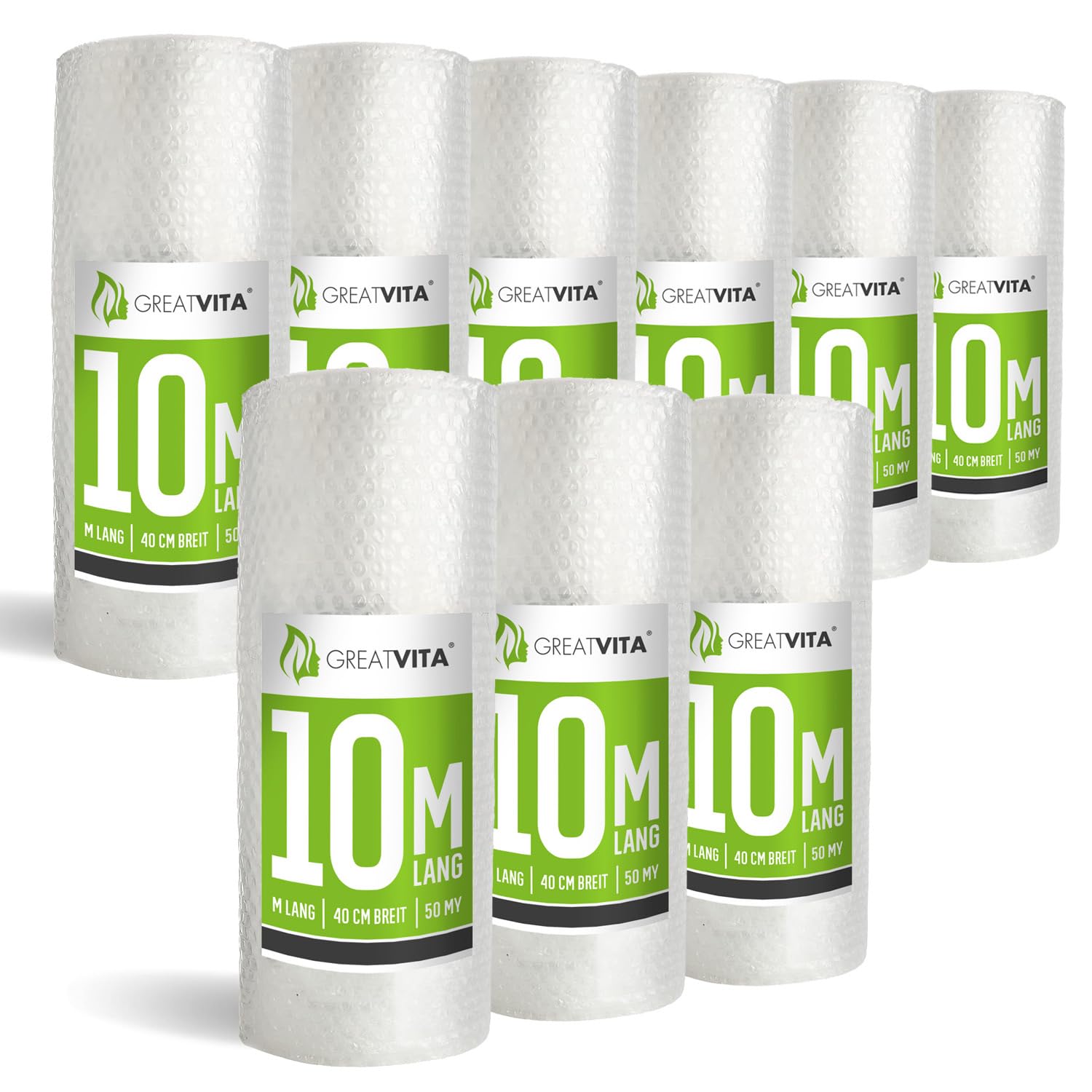 GreatVita 9x Luftpolsterfolie 40cm x 10m (50my) | Versand- und Verpackungsfolie für Umzüge | Schutzpolsterfolie für empfindliche Gegenstände | 100% recycelbar, Premiumqualität Noppenfolie Rolle