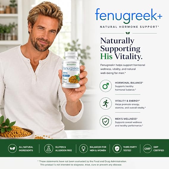 Fenugreek+ | 1400mg Extra Strength Fenugreek Capsules | Hormonal Balance and Energy Support Supplement for Men & Women | 60 Gluten-Free Capsules