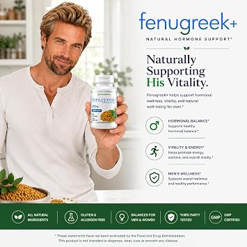 Fenugreek+ | 1400mg Extra Strength Fenugreek Capsules | Hormonal Balance and Energy Support Supplement for Men & Women | 60 Gluten-Free Capsules