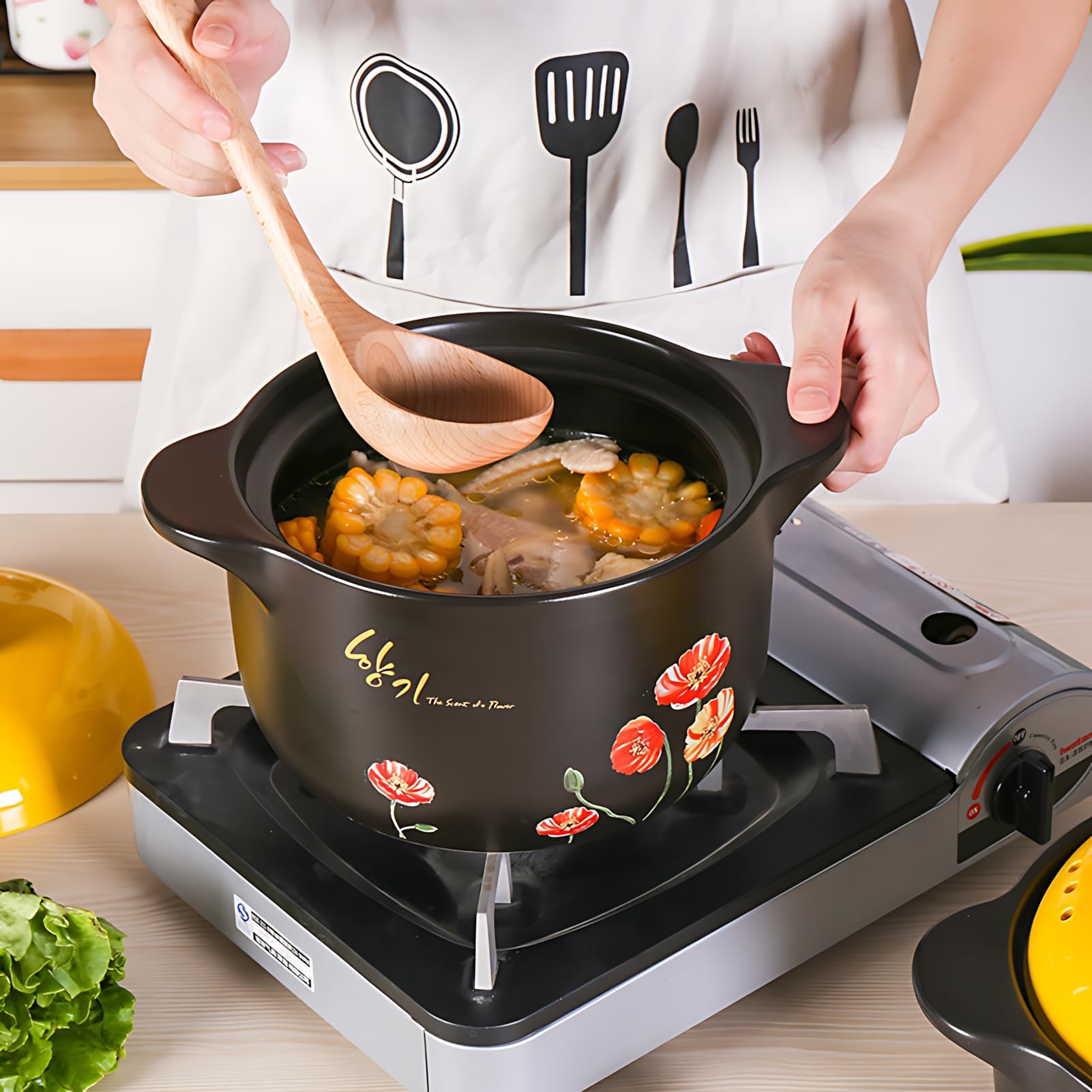 Grande casseruola in terracotta con coperchio, in ceramica naturale, antiaderente, per stufati, zuppe e porridge