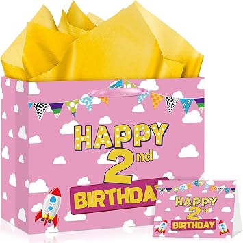TagreSpike Cartoon Story 2nd Birthday Gift Bag with Tissue Papers and Card, Pink Sky Cloud Rocket Theme Second Birthday Gift Wrapping Paper Bag for Baby Girls Shower Princess 2 Year Old Party Decor