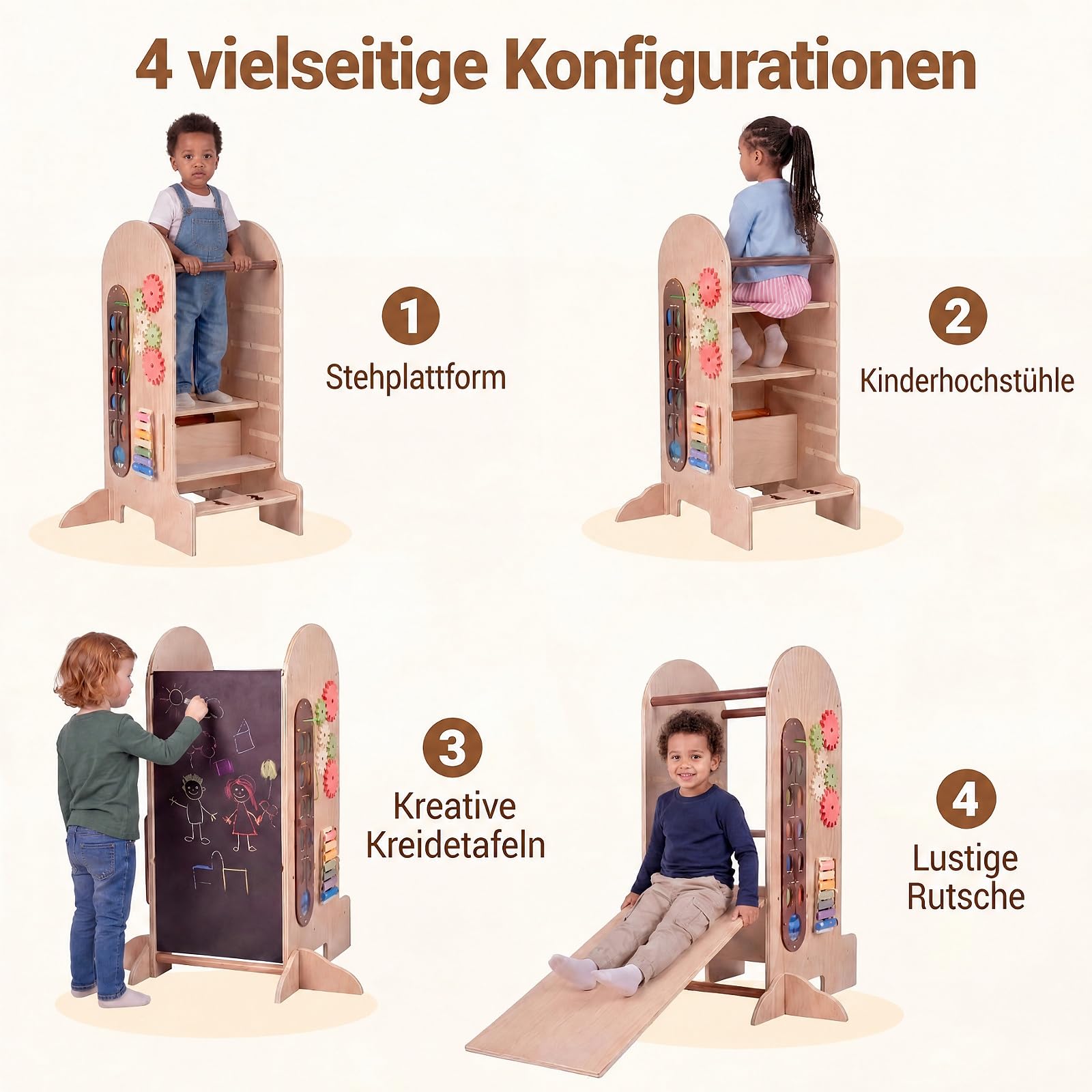 DREAMADE 4 in 1 Lernturm mit Rutsche, Trittleiter mit 3 verstellbaren Höhen | Tritthocker Montessori mit Abnehmbarer Tafel & Spielbrett, Learning Tower aus Buchenholz, Trittschemel für Kinder ab 3 Jahr