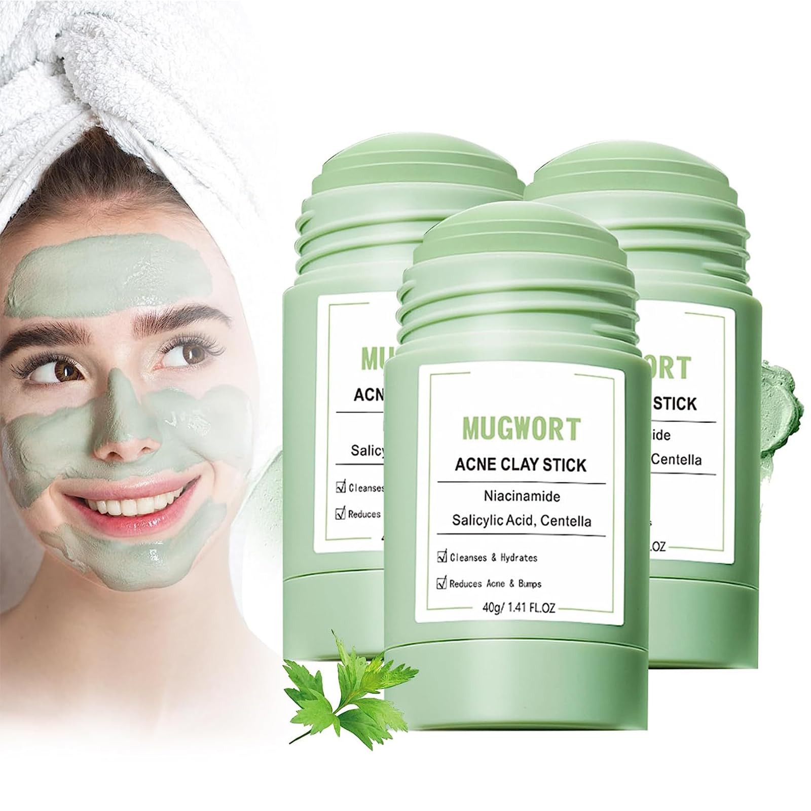 Miurixo Mugwort Clay Mask, Skintific Mugwort Anti Pores & Acne Clay Mask, Mugwort Clay Mask Stick, Regulate Oil and Sebum Production, Mugwort Mud Mask for Face Blackhead Remover (3Pcs)