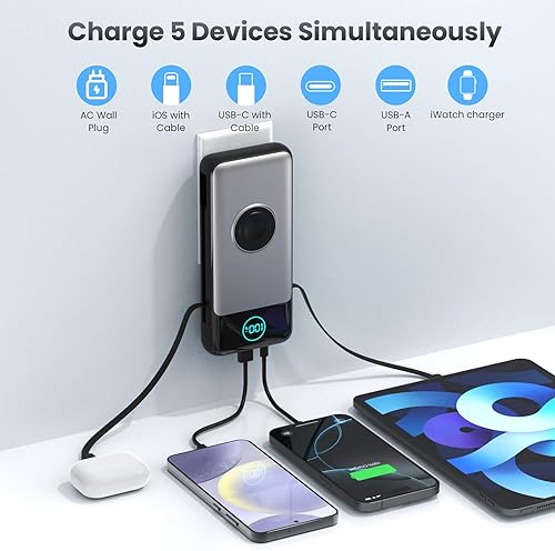 Miniatura 4 de Cargador portátil de 26800 mAh para iPhone con cables integrados y enchufe de pared de CA, banco de energía USB C 6 en 1, 5 salidas esenciales de