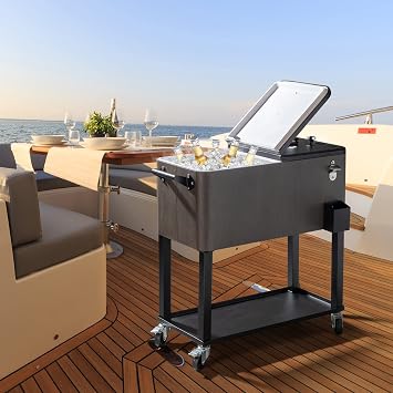 80 Quart Rolling Ice Chest Cooler Cart, Portable Bar Drink Cooler, Beverage for Patio Pool Party, Patio Backyard Party Drink Beverage Bar Stand Up Cooler Trolley