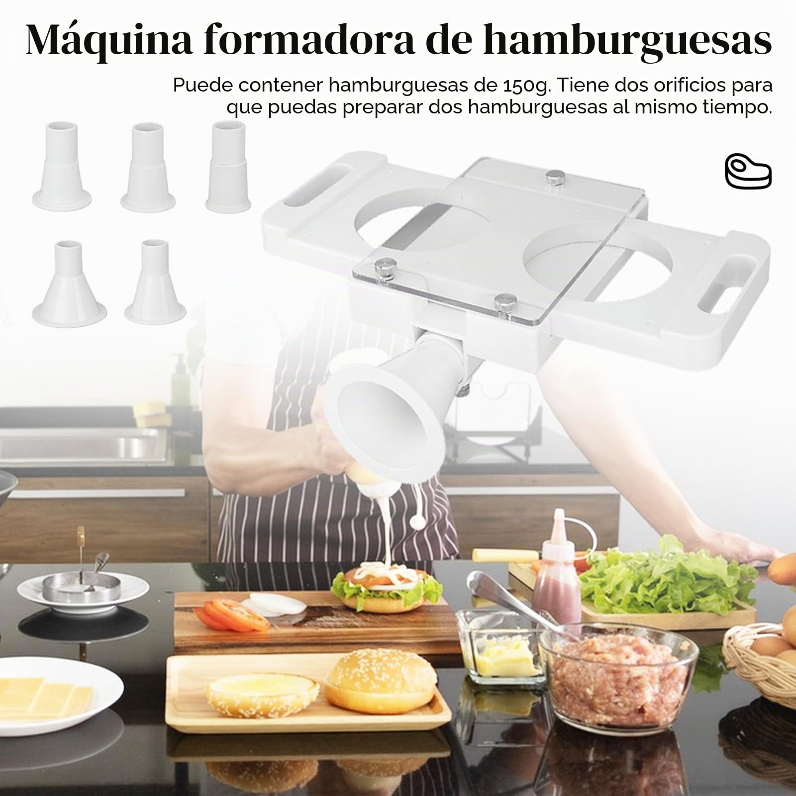 Prensa Hamburguesas, Prensa de Hamburguesa Molde Hamburguesa con 5 Tubos Adaptadores, 2 Agujeros Antiadherente Smash Burger Kit Maquina Hacer Hamburguesas