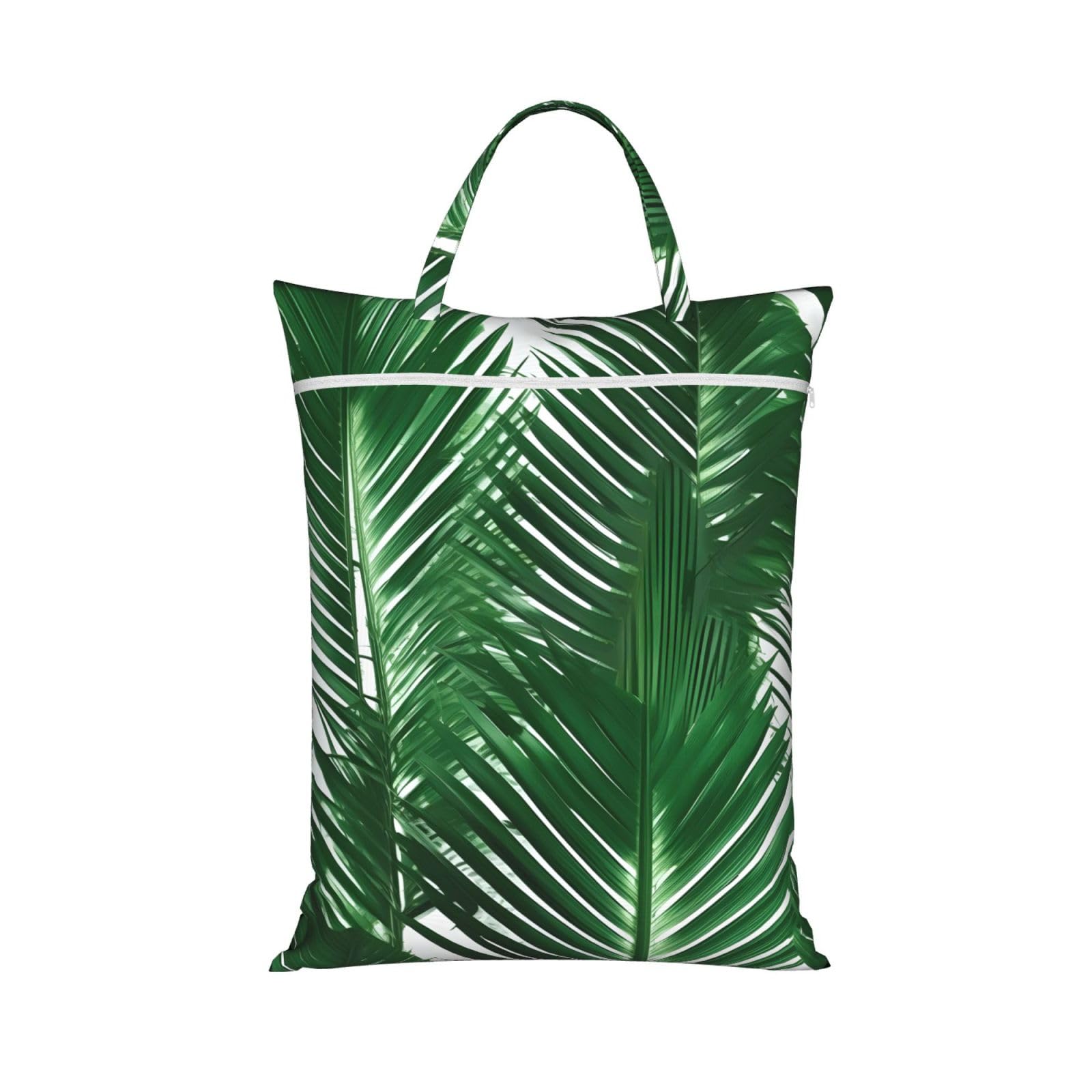Green Palm Leaf Print Travel Laundry Bag Foldable Lightweight Camping Beach Dorm Weekend Getaways