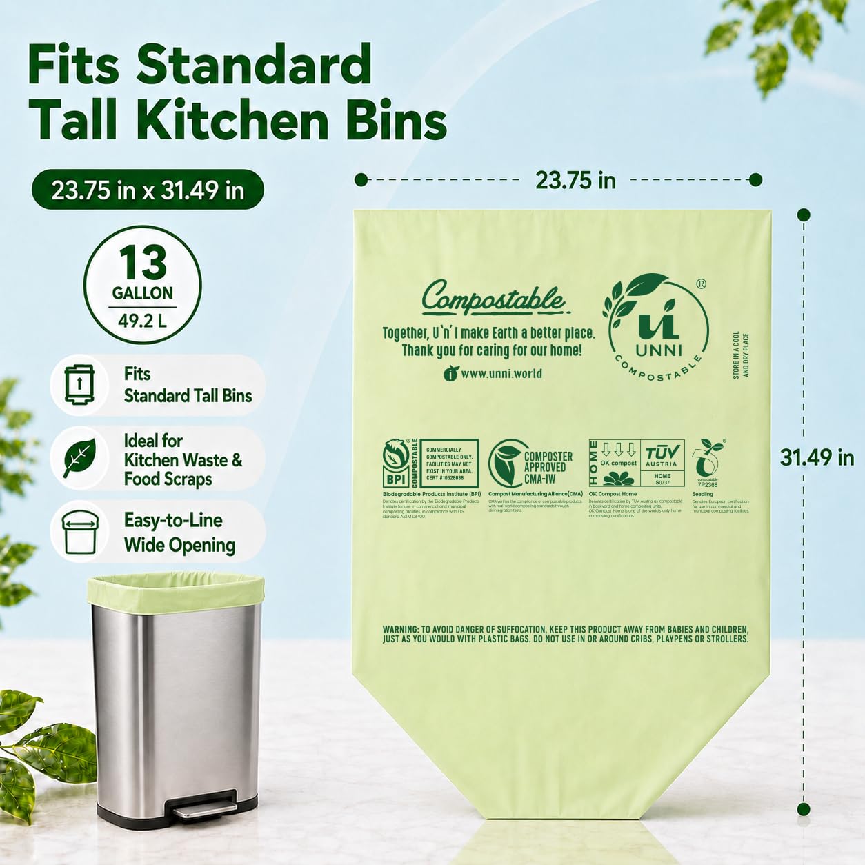 UNNI ASTM D6400 100% compostables Bolsas de Basura, 13 galones, 49,2 litros, 200 Conde, Pesado 0,85 milésimas de Pulgada, BPI Estados Unidos y Europa Ok Compost Home Certificados
