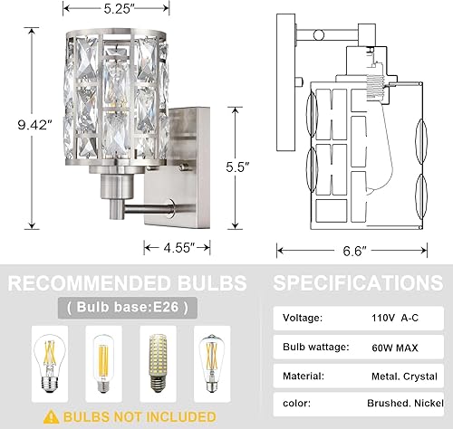 Miniatura 9 de 1 aplique de pared de cristal con acabado de níquel cepillado (juego de 2), lámpara de pared de estilo moderno y conciso con pantalla de cristal de