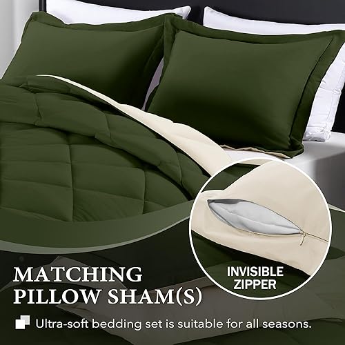 Miniatura 3 de downluxe Juego de edredón ligero (individual) con 1 funda de almohada, juego de 2 piezas, color verde liquen y blanco, edredón reversible