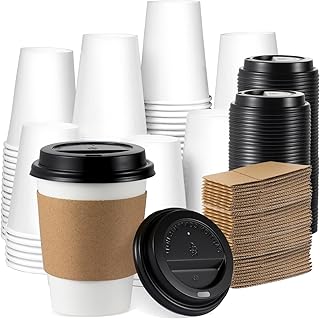 [100 Pack] 12 oz Disposable Coffee Cups with Lids and Sleeves, 12 oz To Go Coffee Cups with Lids, Sturdy White Paper Disposable Cups with Lids for Hot and Cold Beverage