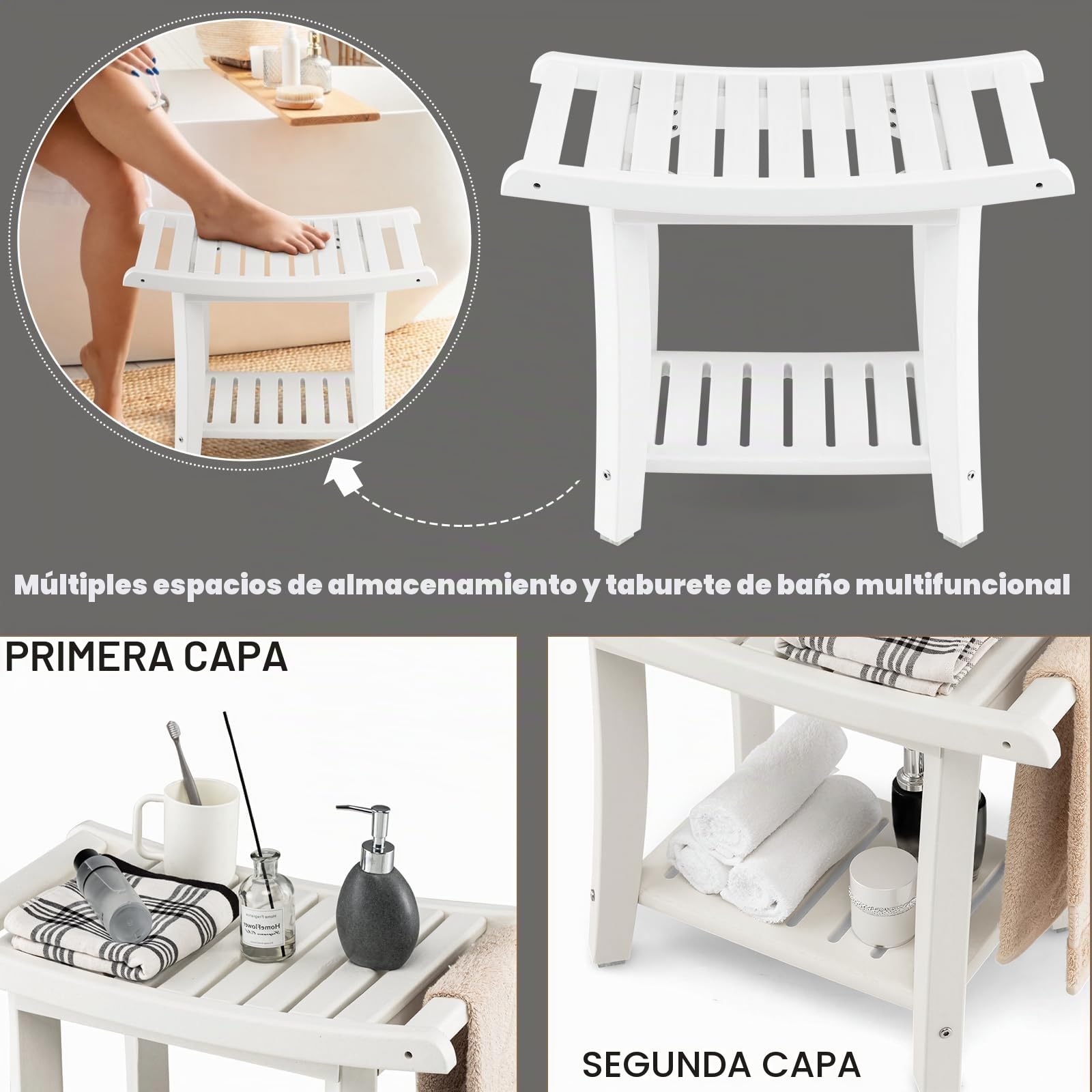 HOMASIS Taburete de Ducha, Taburete de baño de HDPE, Mueble Multiusos con reposapiés, Banco de Ducha Impermeable, Capacidad de 150 kg, 60,5 x 34 x 48 cm, Color Blanco