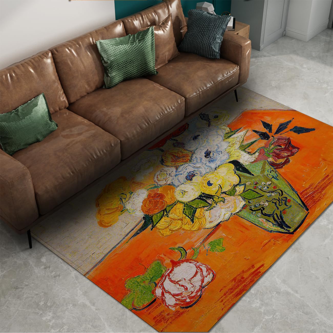 Tapis lavable 90x150 floral orange antidérapant et moquette douce poil bas