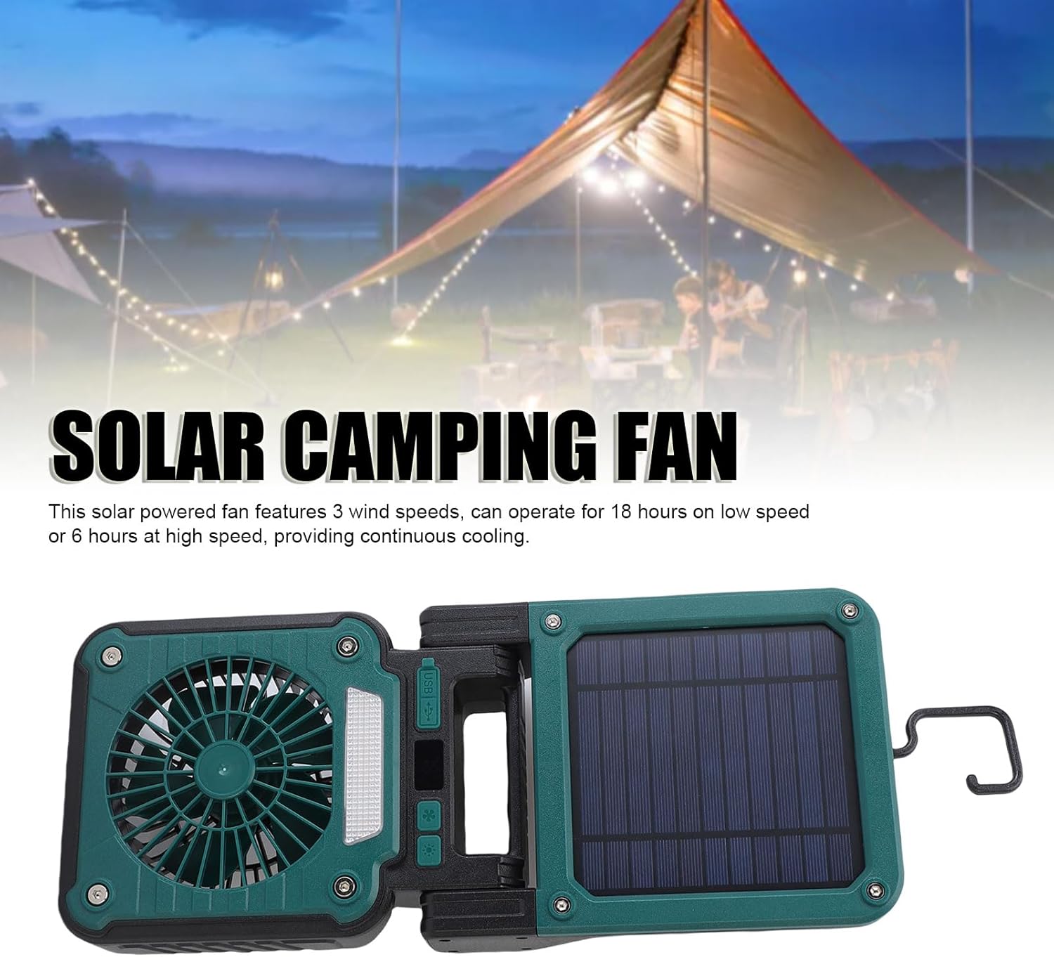 Solar Camping Fan with LED Light Rechargeable Solar Powered Fan 3 Wind Speeds 5 Lighting Modes for Tent Hiking Emergency ABS 4000mAh Battery