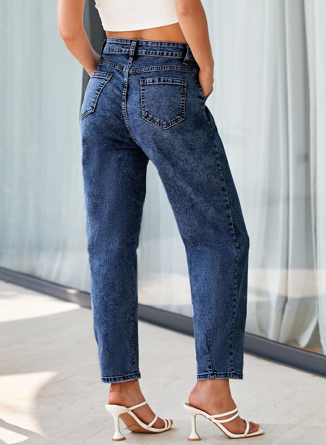 EVALESS Womens Baggy Jeans High Waisted Stretchy Boyfriend Barrel Denim Ankle Pants