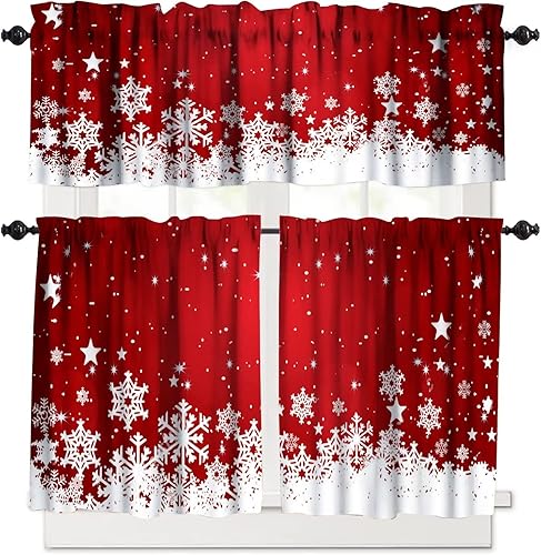 Juego de cortinas y cenefas de cocina de Navidad, decoraciĂłn de copo de nieve floral rojo, cortinas de ventana de cocina, juego de cortinas y Juego de cortinas y cenefas de cocina de Navidad, decoraciĂłn de copo de nieve floral rojo, cortinas de ventana de cocina, juego de cortinas y