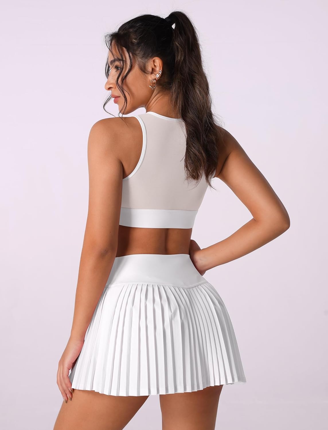Two Piece Tennis Skirt Sets Outfits Single Shoulder Strap Tulle mesh top with High Waisted Pleated Skirt Sets - Image 4