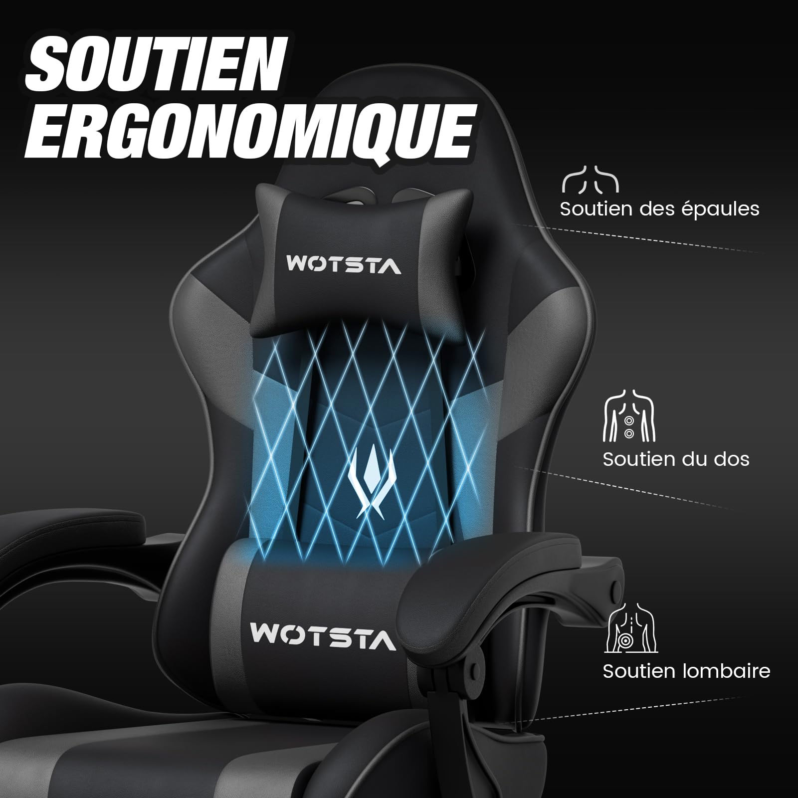 Chaise Gaming, Ergonomique Fauteil Bureau, Hauteur Réglable, Siege Gaming avec Repose-Pieds TÉlescopique, Chaise Bureau avec Support Lombaire, Dossier Inclinable à 135° Noir et Gris