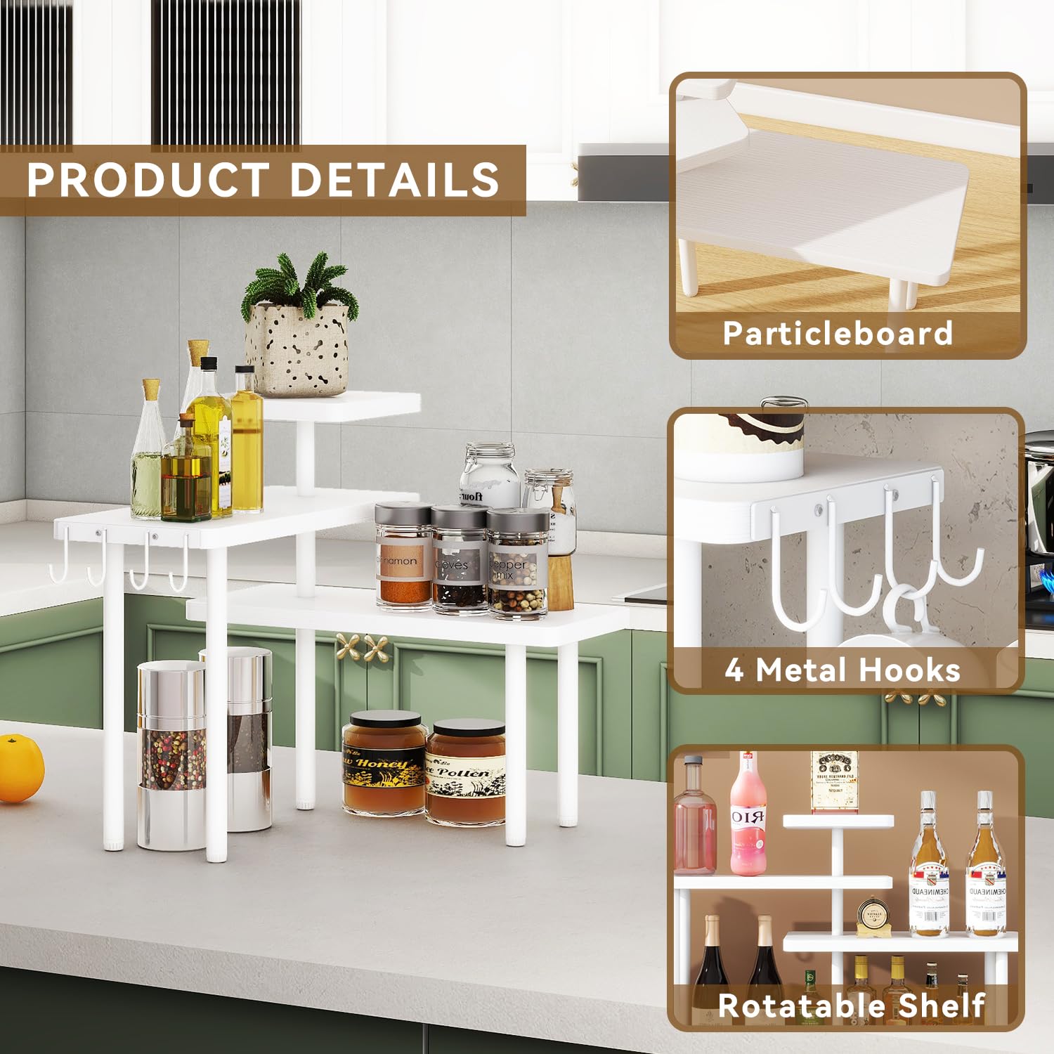 IBUYKE Scaffale Angolare per Cucina,Portaspezie a 3 ripiani,Bianco TLJ023W | Organizer Spezie 4 ganci laterali scaffale Cucina da appoggio per bagno bancone mobile