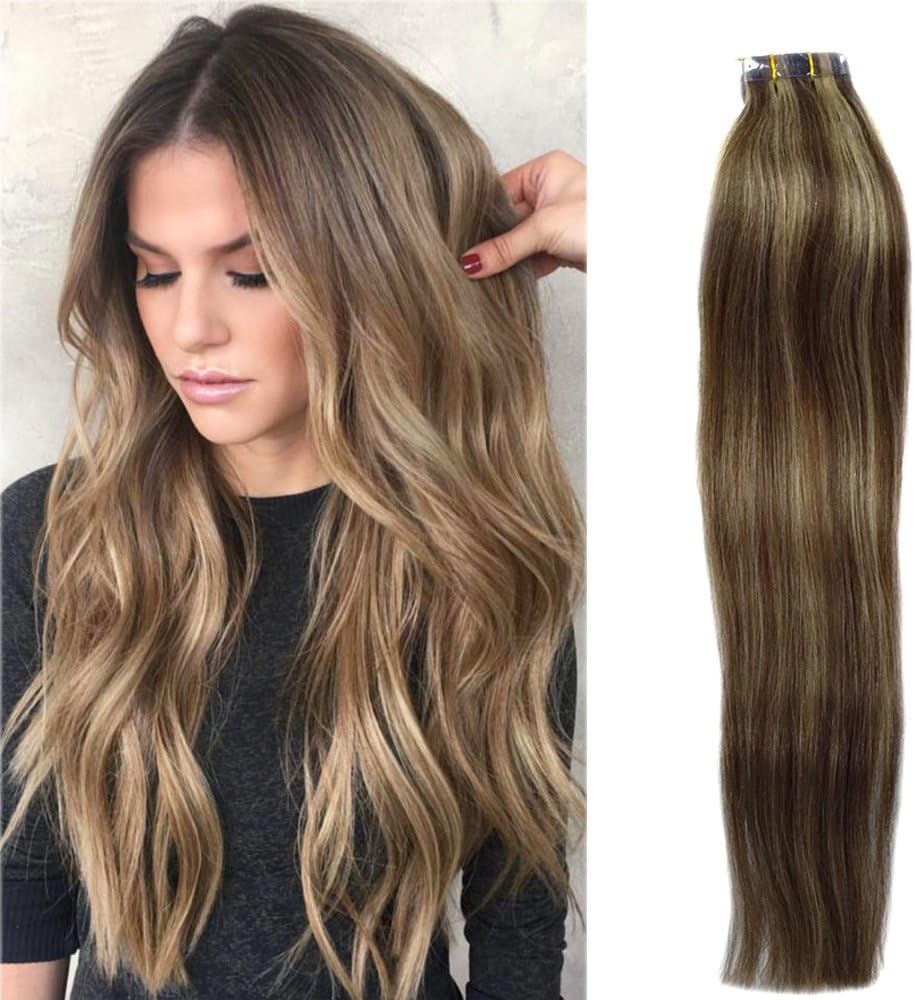 Tape Hair Extensions Human Hair Blonde Highlights 20 Inch Long Remy Tape in Extensions 50grams 20pcs Brown to Blonde Highlighted Silky Straight Hair for Women