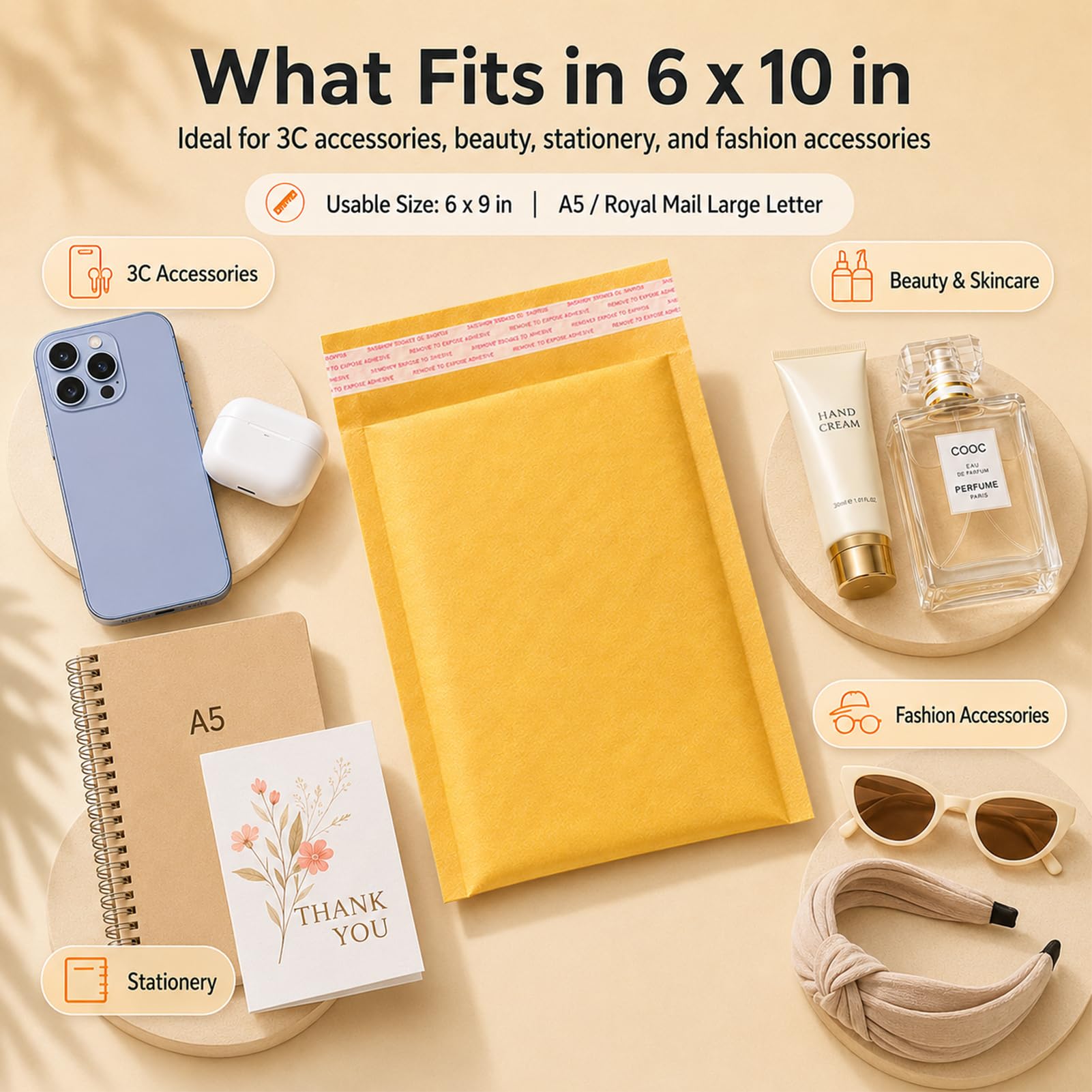 Switory 50pc A5 15,3cmx26,9cm Kraft Bubble Mailers Sobres Acolchados Autoadhesivos para Embalaje de Oro